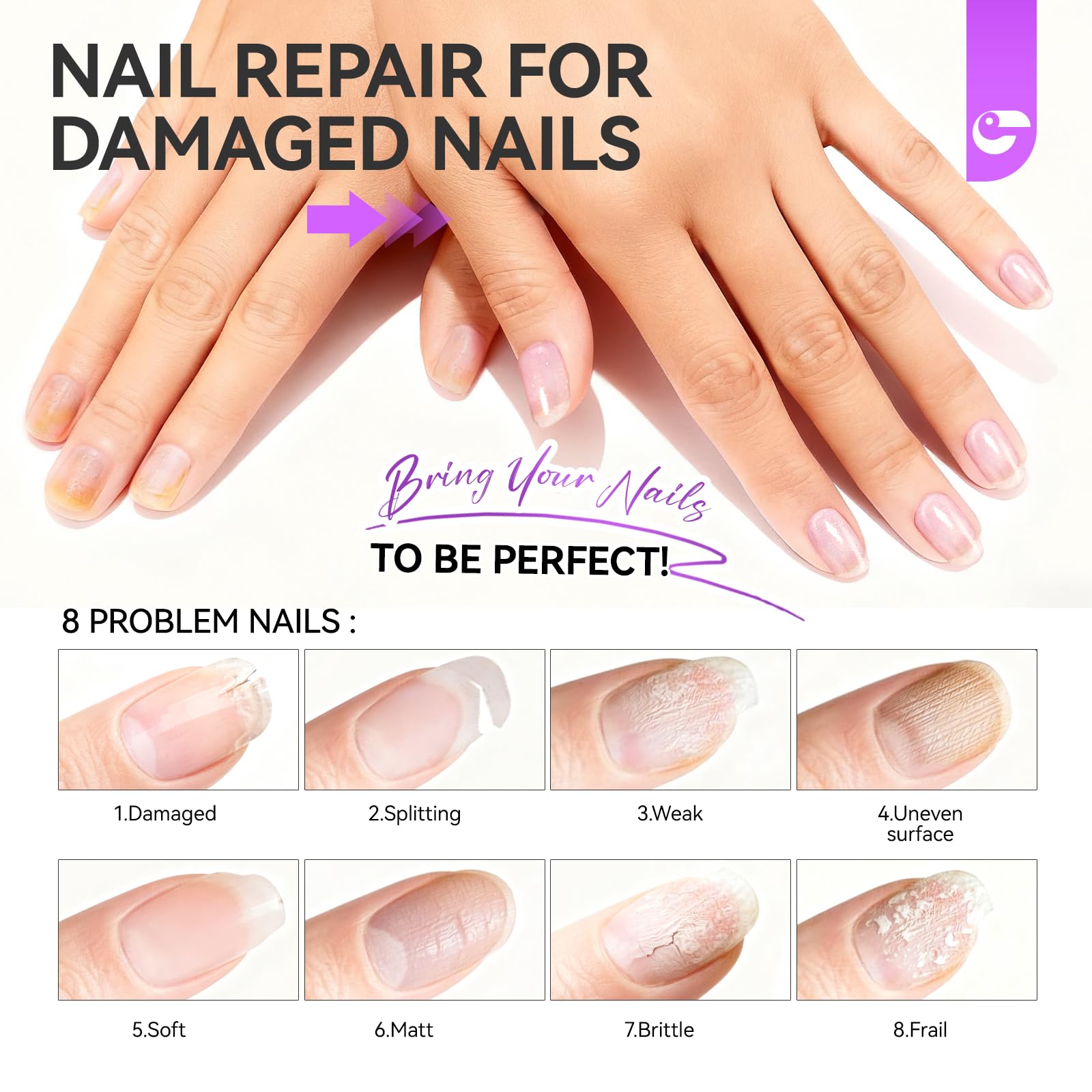 Gelike EC Nail Strengthener & Damaged Nail Repair – Glitter Pink 15ml, 6-in-1 Non-Toxic Protein Nail Hardener for Home DIY Manicure