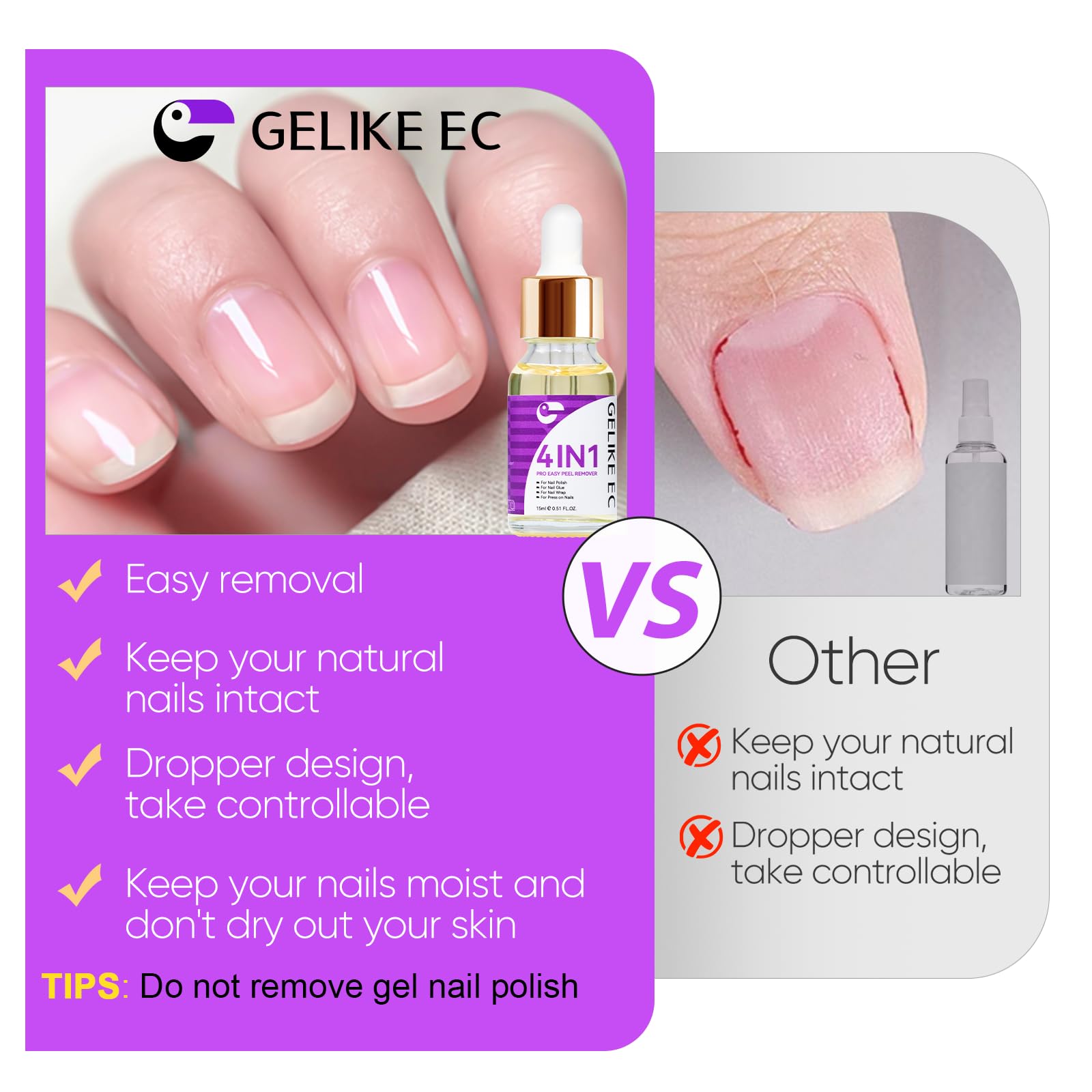 Gelike ec Press On Nail Glue Remover No Acetone – Gentle, Nourishing Formula 15ml