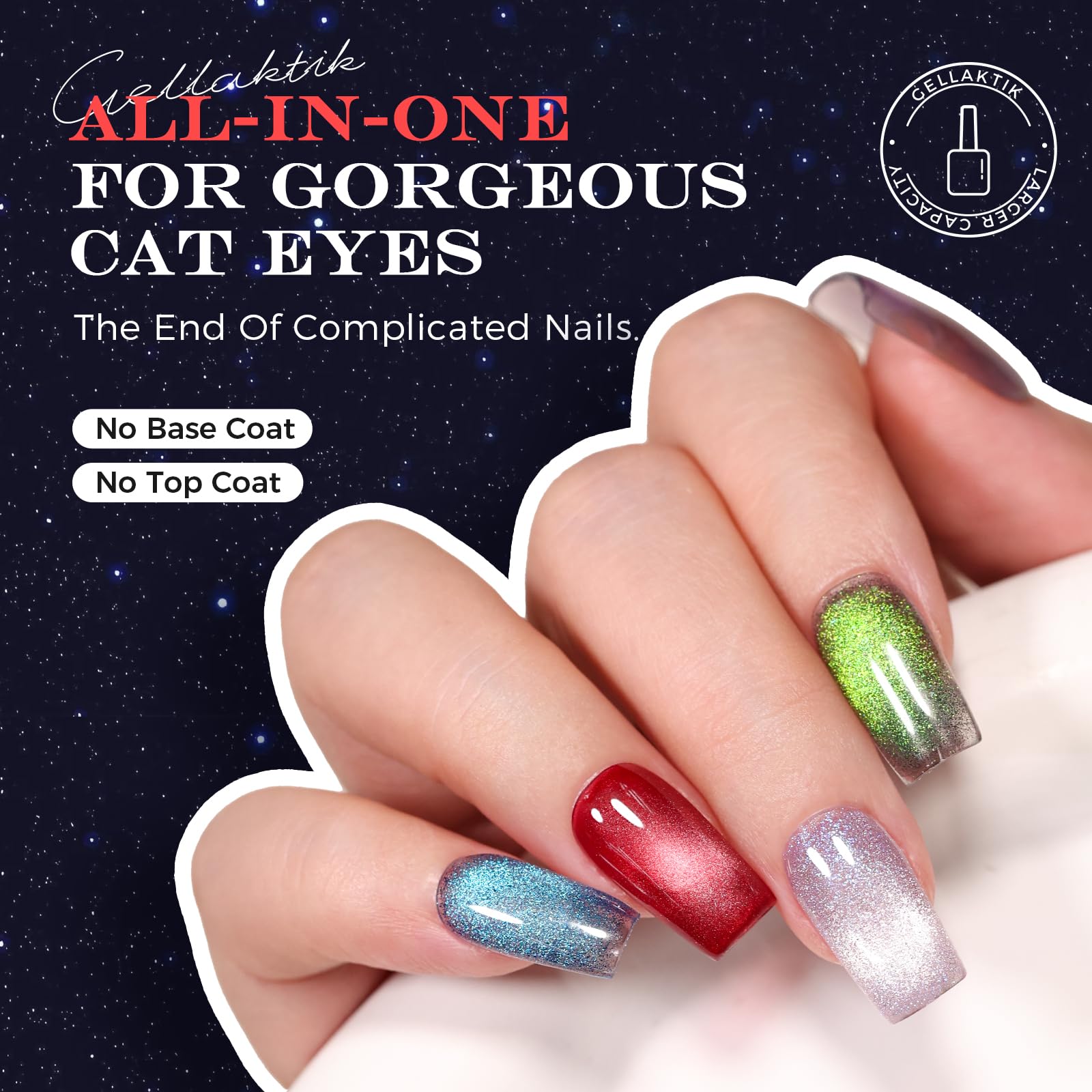 GELLAKTIK 5-in-1 Cat Eye Gel Nail Polish Kit – 6 Colors, No Base/Top Coat Needed, Magnetic Nail Art Set