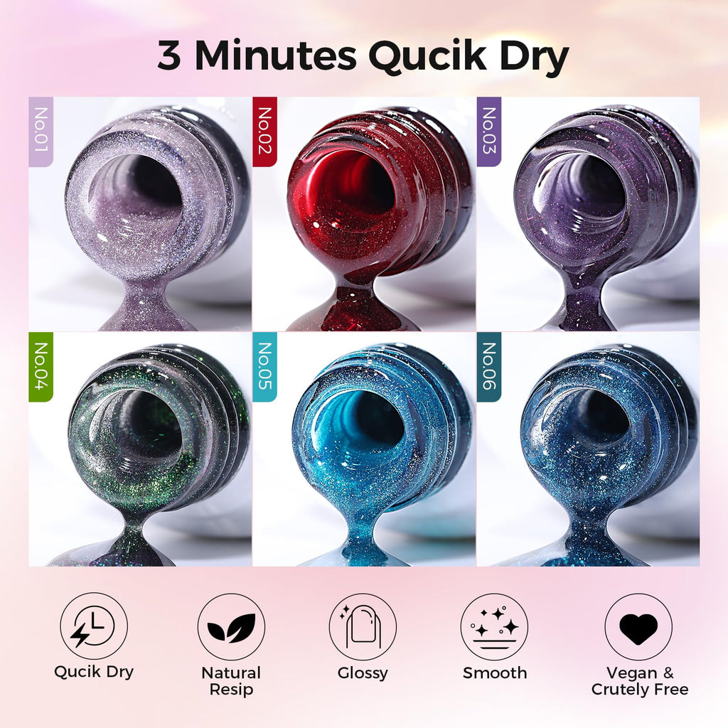 GELLAKTIK 5-in-1 Cat Eye Gel Nail Polish Kit – 6 Colors, No Base/Top Coat Needed, Magnetic Nail Art Set