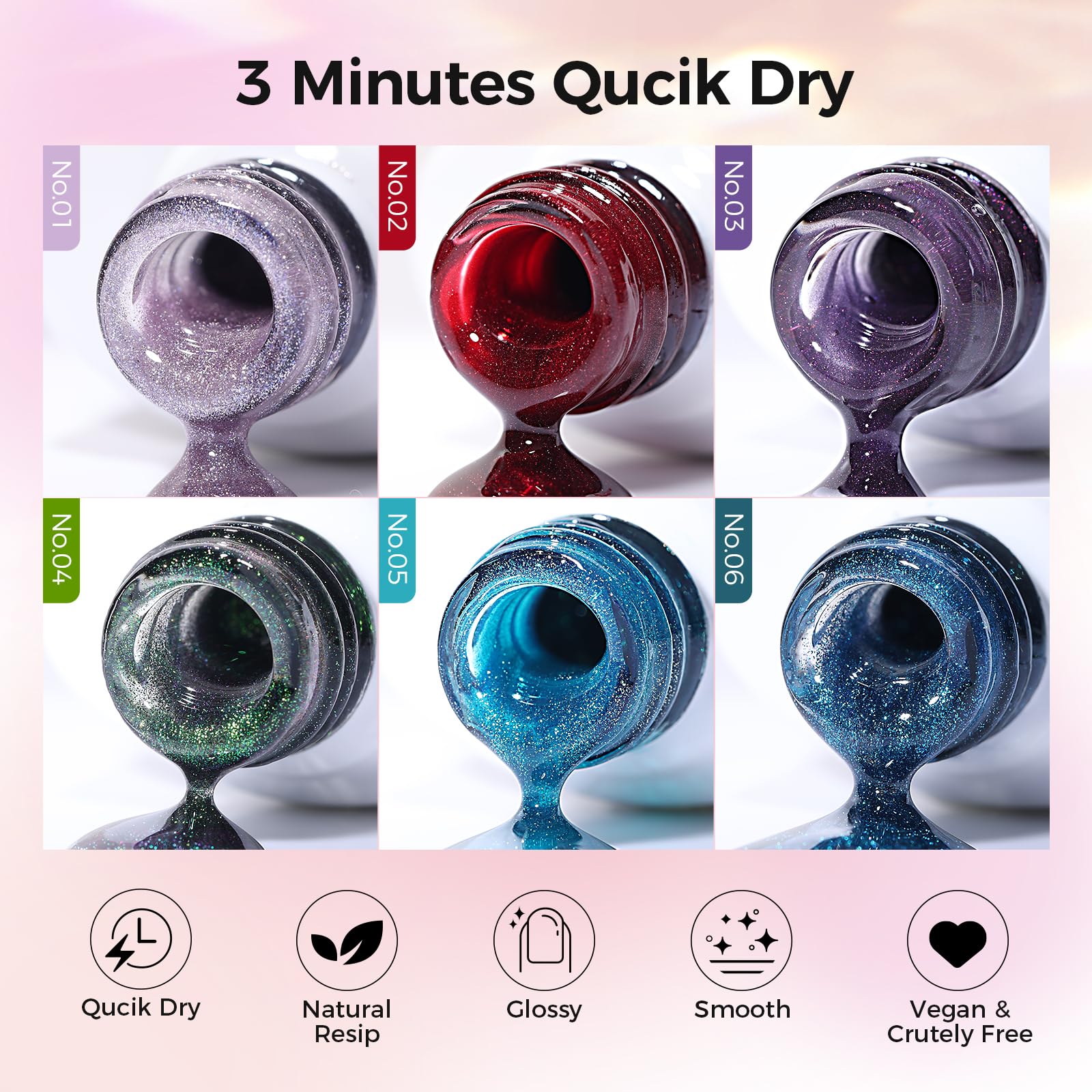 GELLAKTIK 5-in-1 Cat Eye Gel Nail Polish Kit – 6 Colors, No Base/Top Coat Needed, Magnetic Nail Art Set