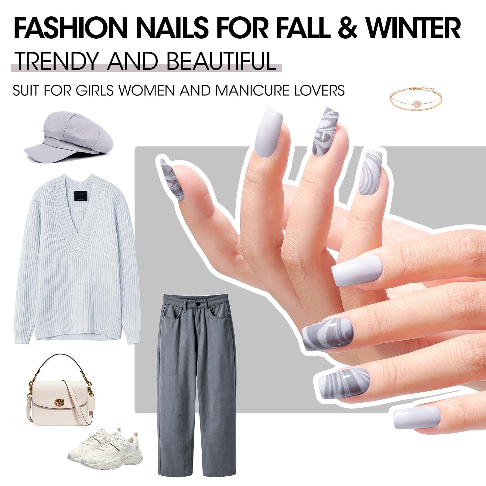 GELLEN Black White Gray Nail Polish 4-Color Set + Base & Top Coat – Quick Dry, HEMA Free, Toxin Free