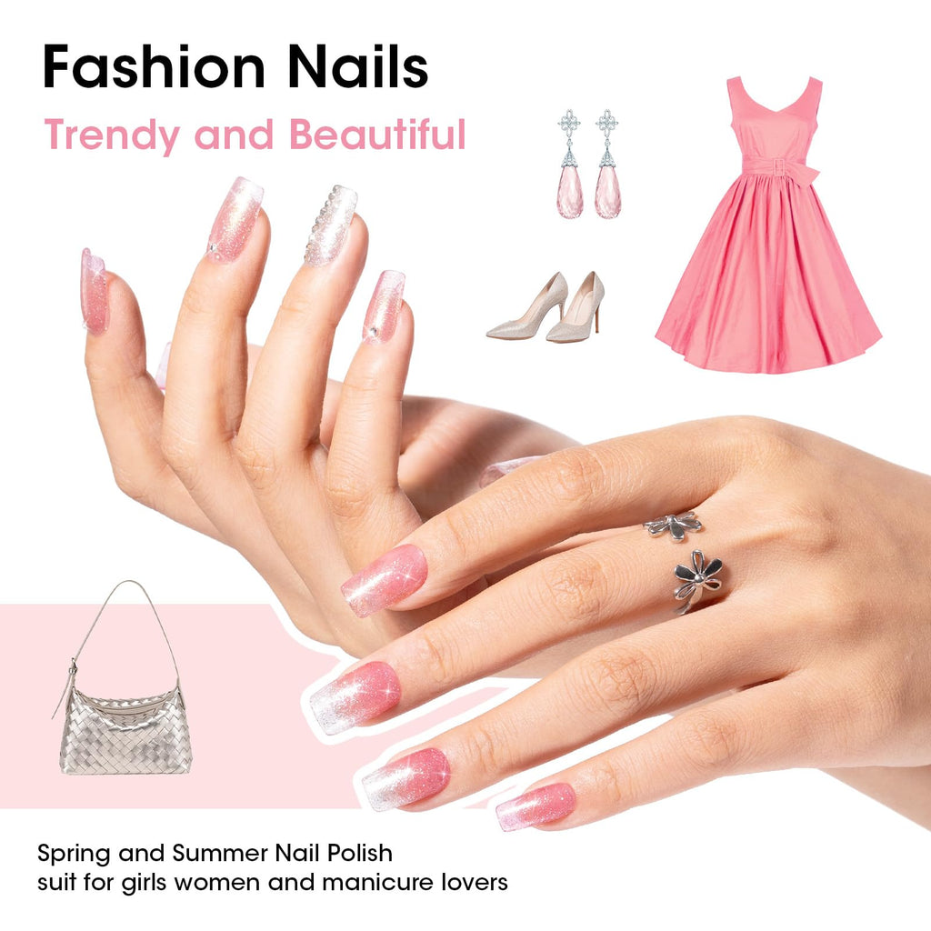 GELLEN Sheer Shimmer Pink Nail Polish & Clear Base Top Coat – 6-Piece Set, Quick-Dry, 4-Free