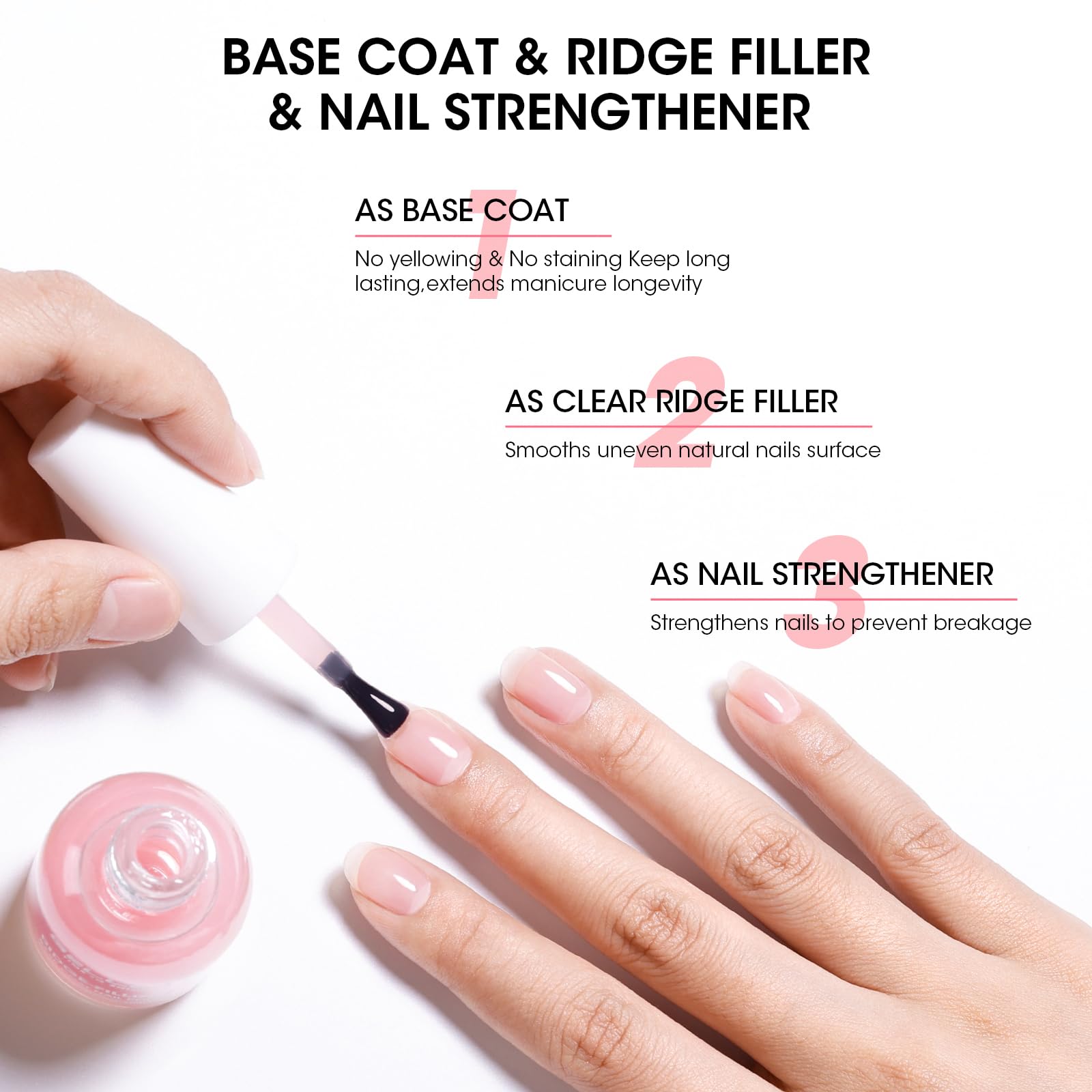 GELLEN Clear Nail Polish Ridge Filling Base Coat – Sheer Milky Pink, HEMA/TPO Free, Nourishing Ridge Filler
