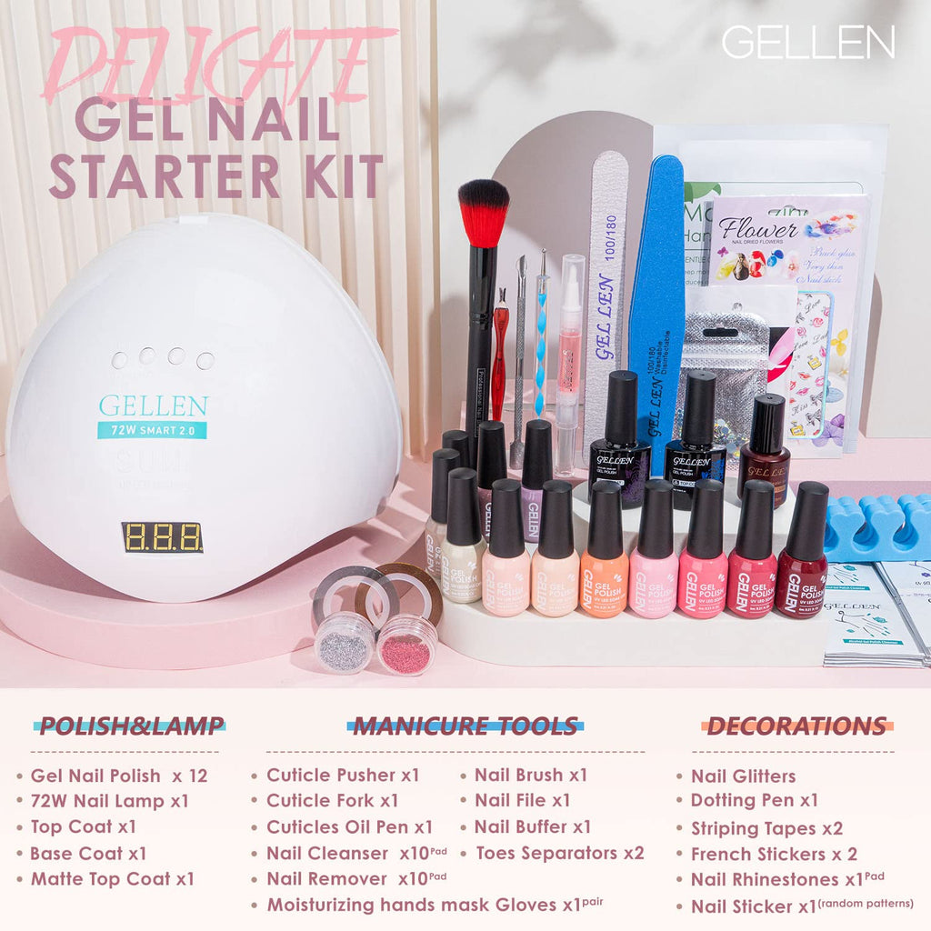 GELLEN Gel Nail Polish Kit with 72W UV LED Lamp – 12 Colors, No-Wipe Base/Top Coat, All-In-One Manicure