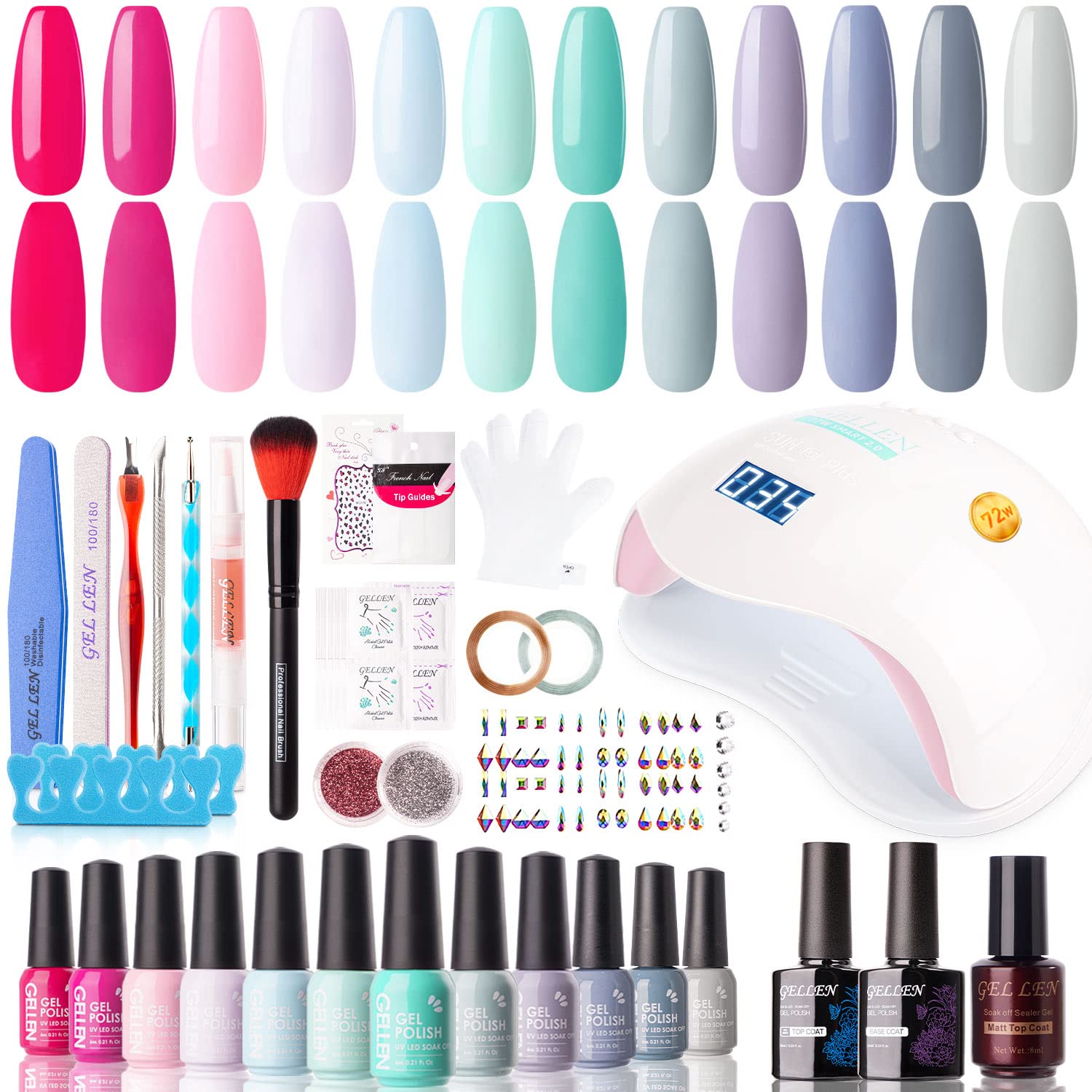 GELLEN Gel Nail Polish Kit with 72W UV LED Lamp – 12 Colors, No-Wipe Base/Top Coat, All-In-One Manicure