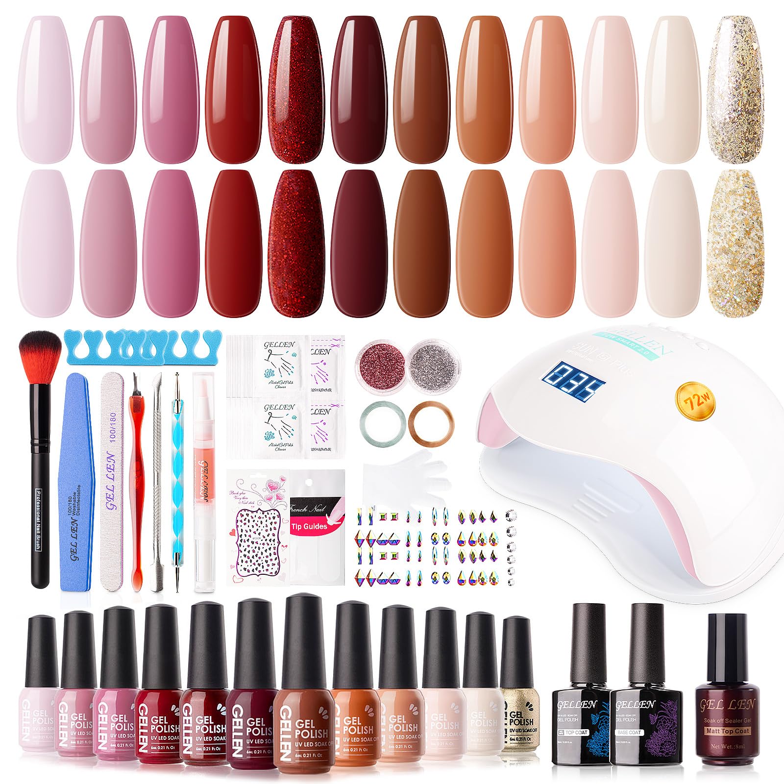 GELLEN Gel Nail Polish Kit with 72W LED Lamp – 12 Fall/Winter Shades, Base & Top Coats, Nail Art & Tools