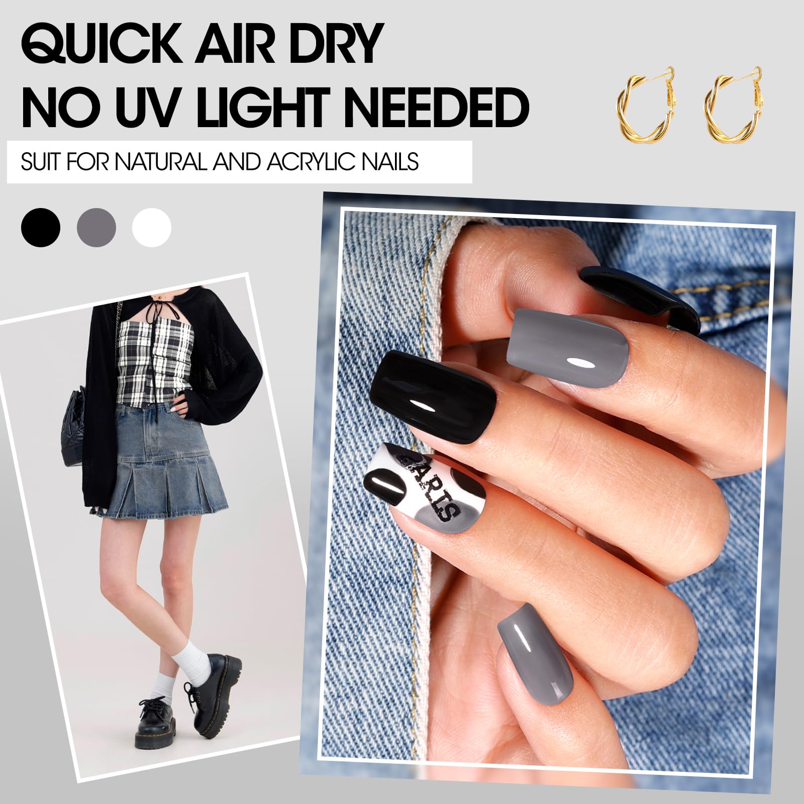 GELLEN Black White Gray Nail Polish 4-Color Set + Base & Top Coat – Quick Dry, HEMA Free, Toxin Free
