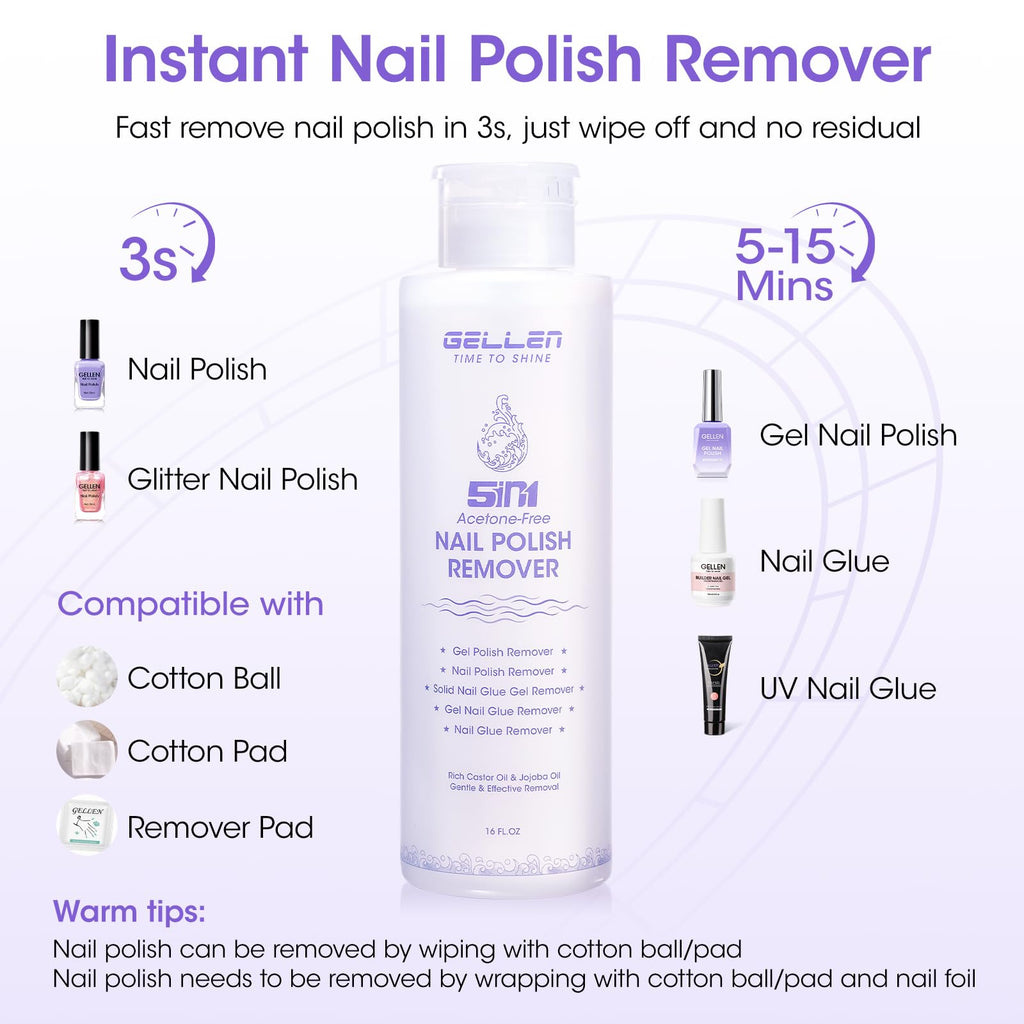 GELLEN 16 fl oz Non-Acetone Gel Nail Remover – 5-in-1 Pump Kit for Gel Polish, Glue, Glitter & Acrylic