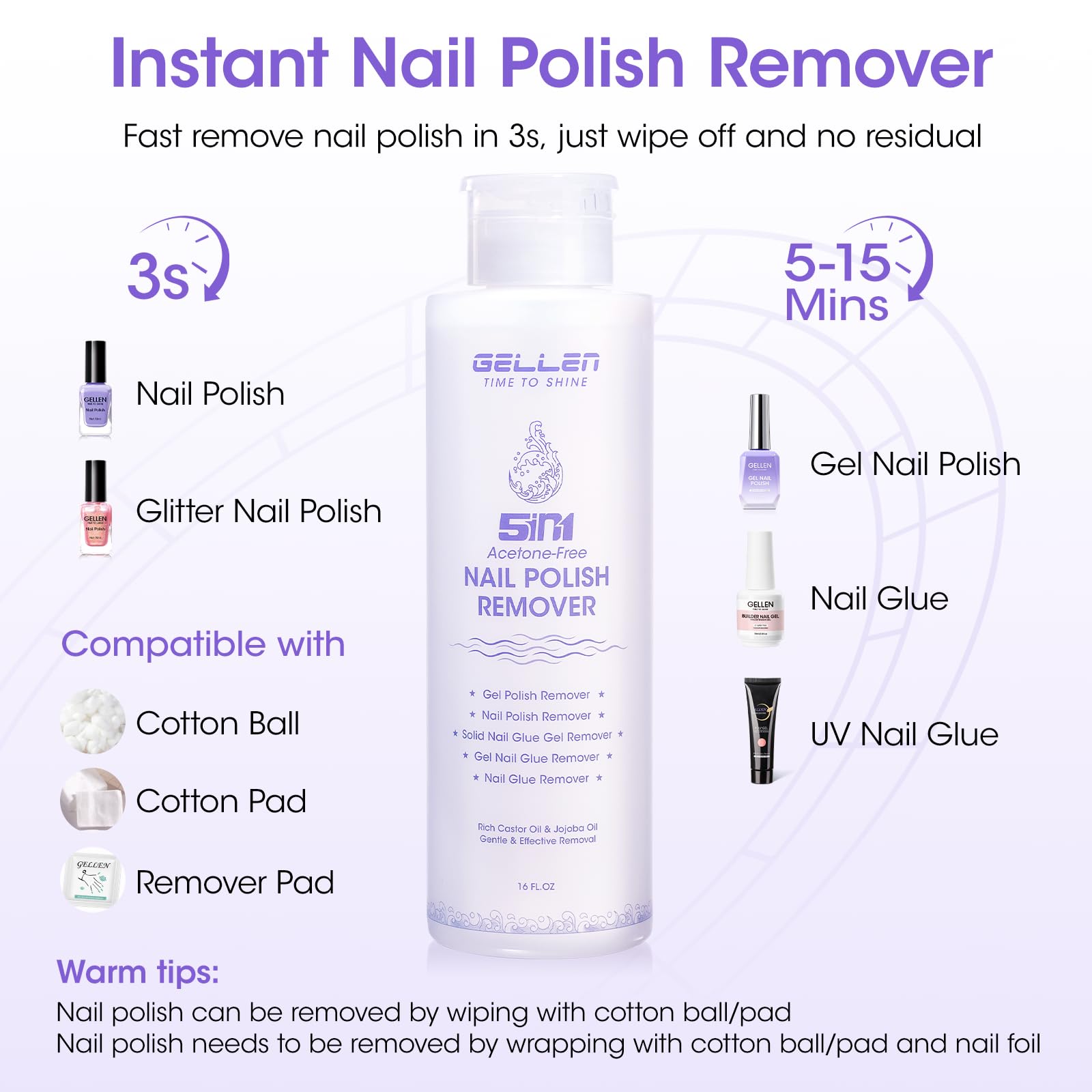 GELLEN 16 fl oz Non-Acetone Gel Nail Remover – 5-in-1 Pump Kit for Gel Polish, Glue, Glitter & Acrylic