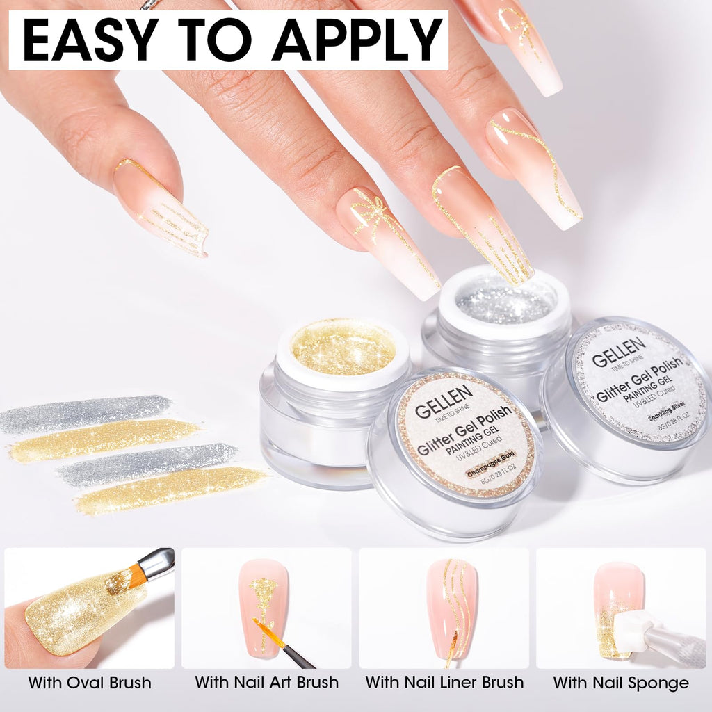GELLEN Painting Gel for Nails – Champagne Gold & Sparkling Silver, HEMA-Free, UV/LED Cured