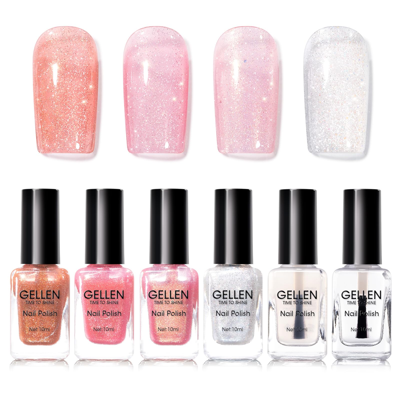GELLEN Sheer Shimmer Pink Nail Polish & Clear Base Top Coat – 6-Piece Set, Quick-Dry, 4-Free