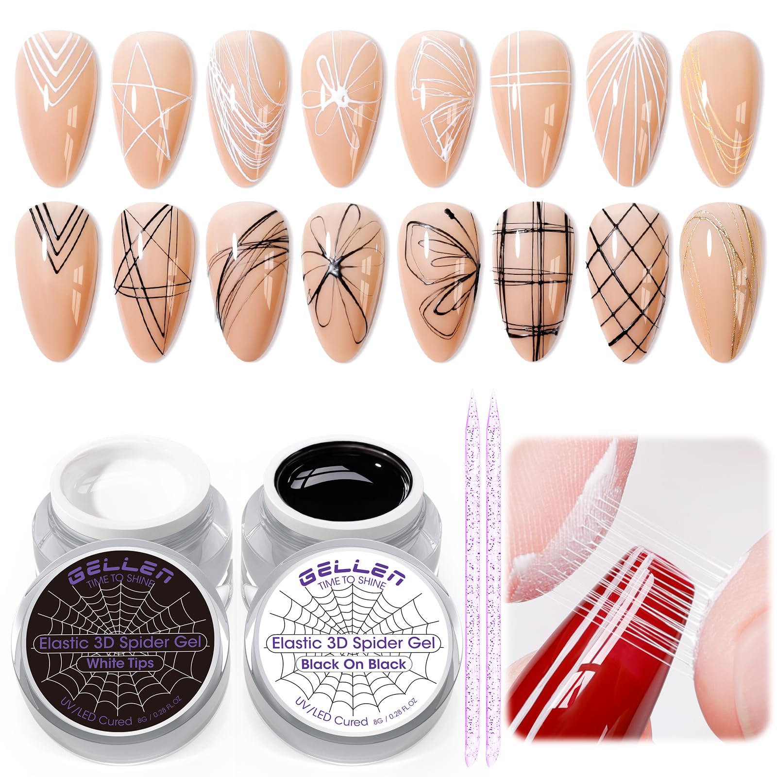 GELLEN Spider Gel for Nails – Classic Black & White Nail Art, Elastic, UV/LED Cured