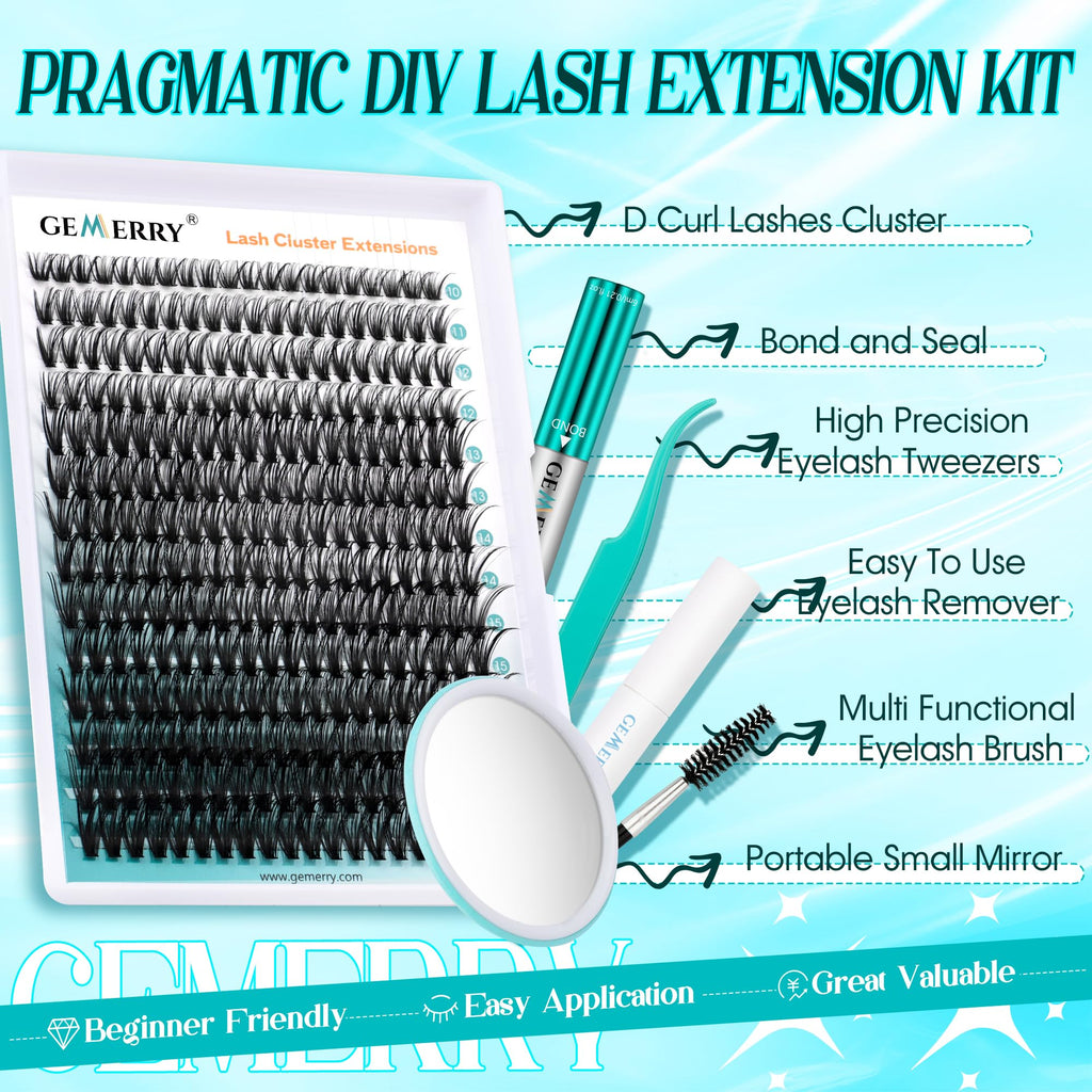 GEMERRY Fluffy Lash Extension Kit – DIY Lash Clusters (280Pcs, D Curl, 80P-10-18mm) with Bond & Seal
