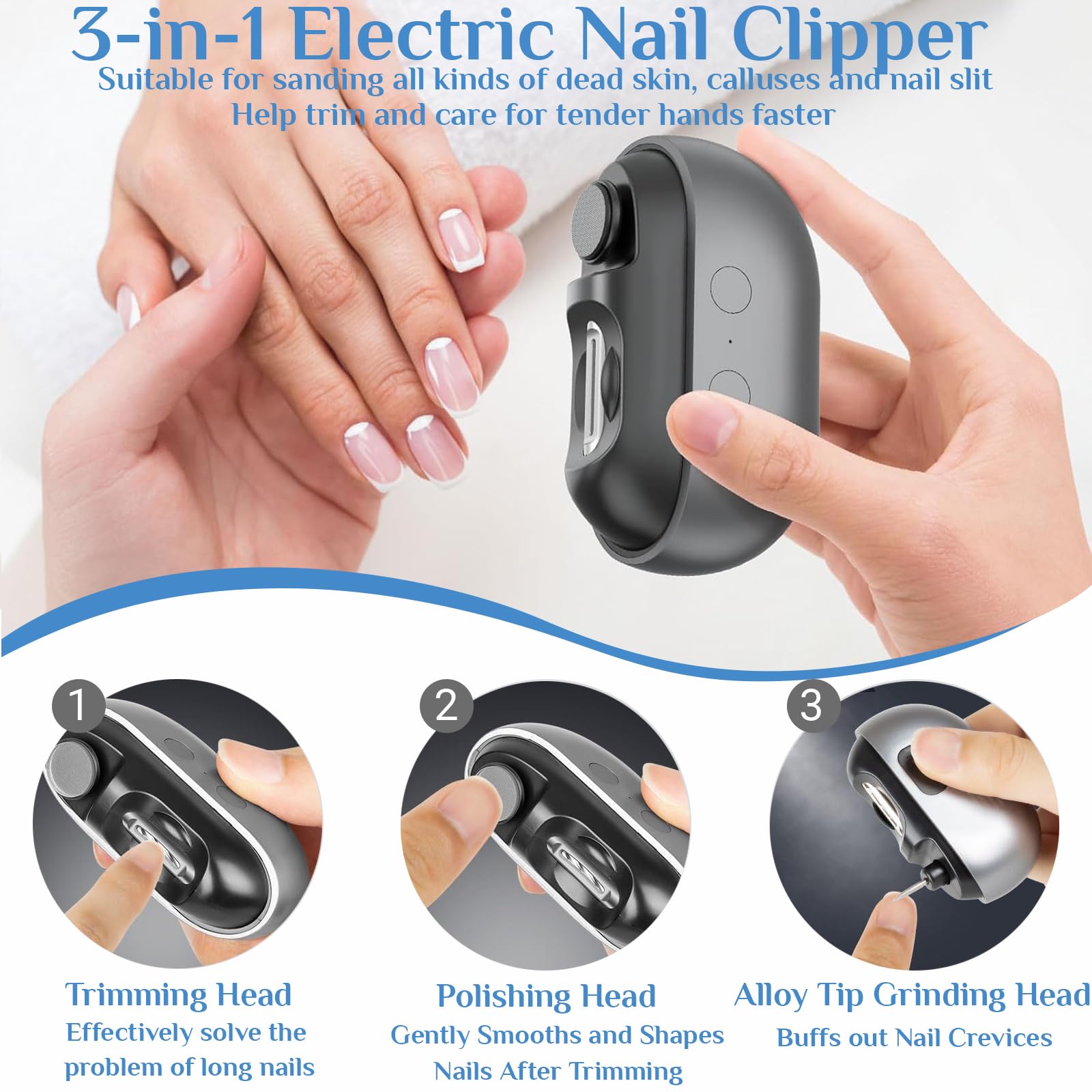 Generic Electric Nail Clippers for Seniors and Kids – 3-in-1 Nail Trimmer with 2 Speeds, LED Light, Debris Storage