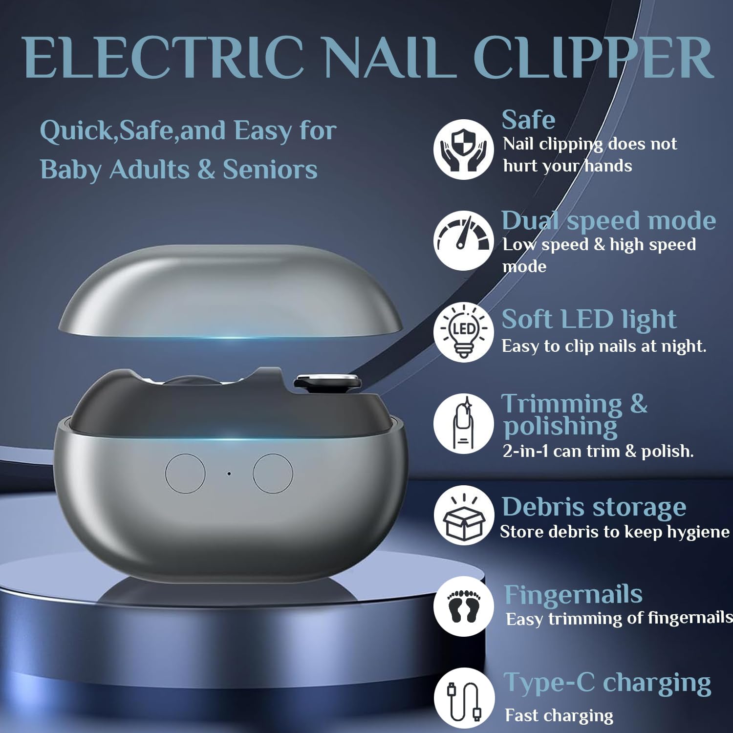Generic Electric Nail Clippers for Seniors and Kids – 3-in-1 Nail Trimmer with 2 Speeds, LED Light, Debris Storage