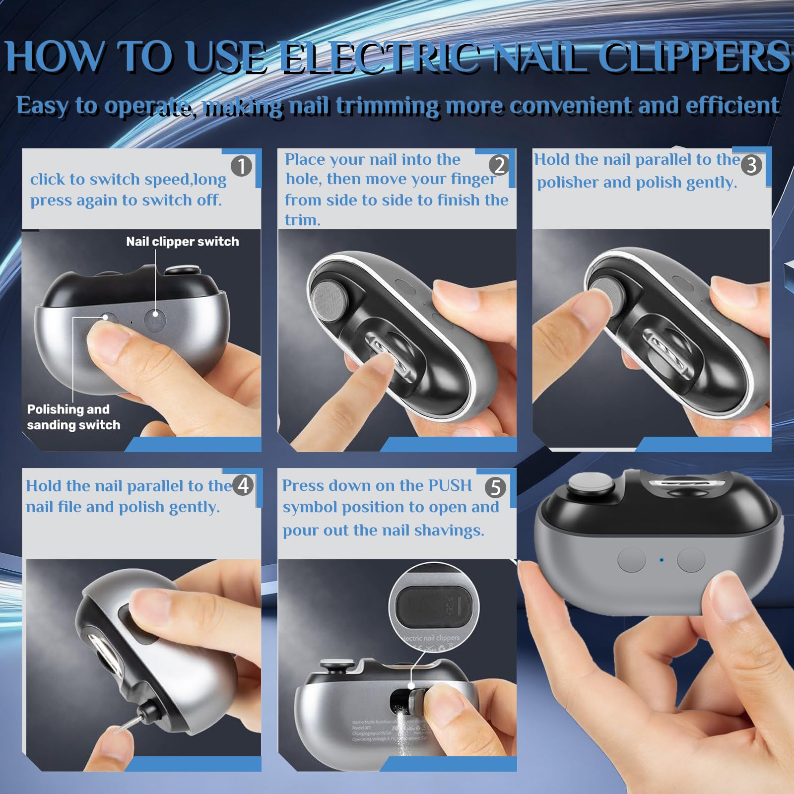 Generic Electric Nail Clippers for Seniors and Kids – 3-in-1 Nail Trimmer with 2 Speeds, LED Light, Debris Storage