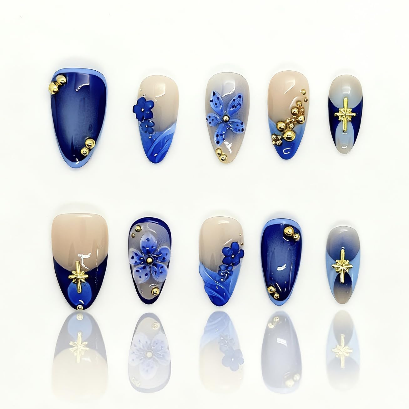 Generic Reusable Press-On Nails – Short Almond, Green Gradient with 3D Florals | Holiday Party Manicure