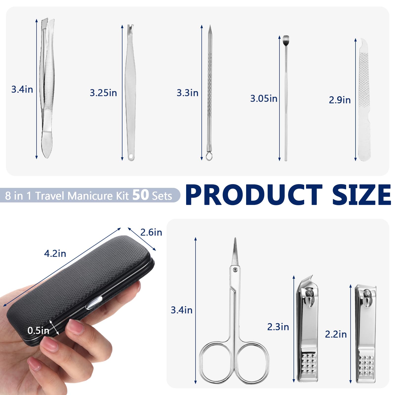 Geosar 50 Set 8-in-1 Travel Manicure Kit – Stainless Steel, Portable Case, Gift for Valentine (Black)