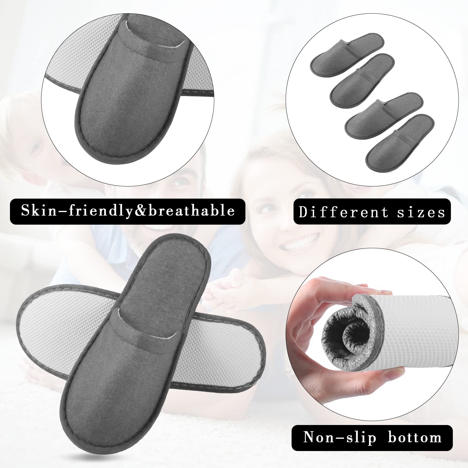 Geyoga 30 Pairs Disposable Spa Slippers – Closed Toe, Non-Slip, 2 Sizes (Gray)