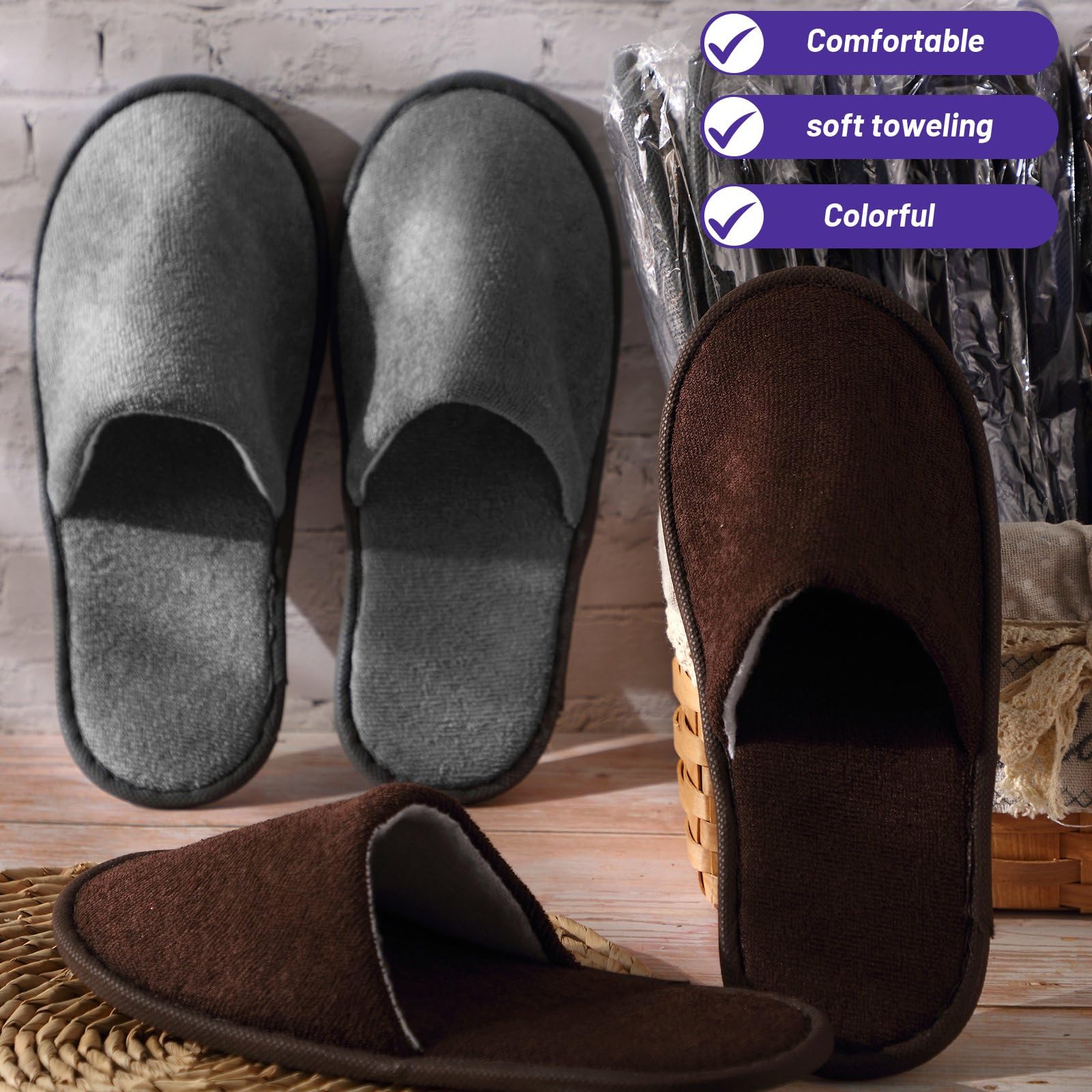 Geyoga 24 Pairs Disposable Slippers for Guests – Bulk Hotel Slippers (Dark Colors, L)