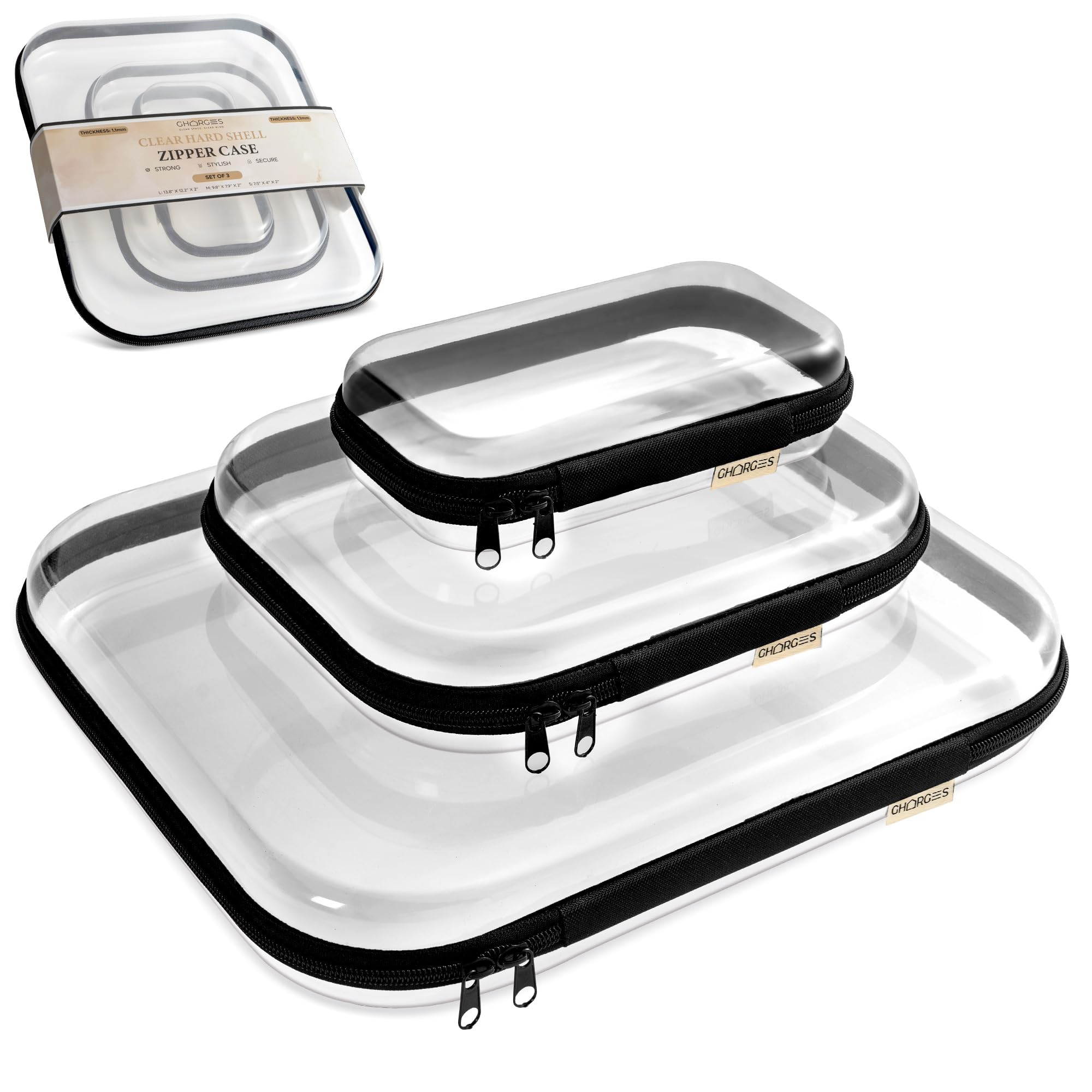Gharges Clear Hard Shell Zipper Case Set – 3-Pack (S/M/L), 1.1mm BPA-Free PVC