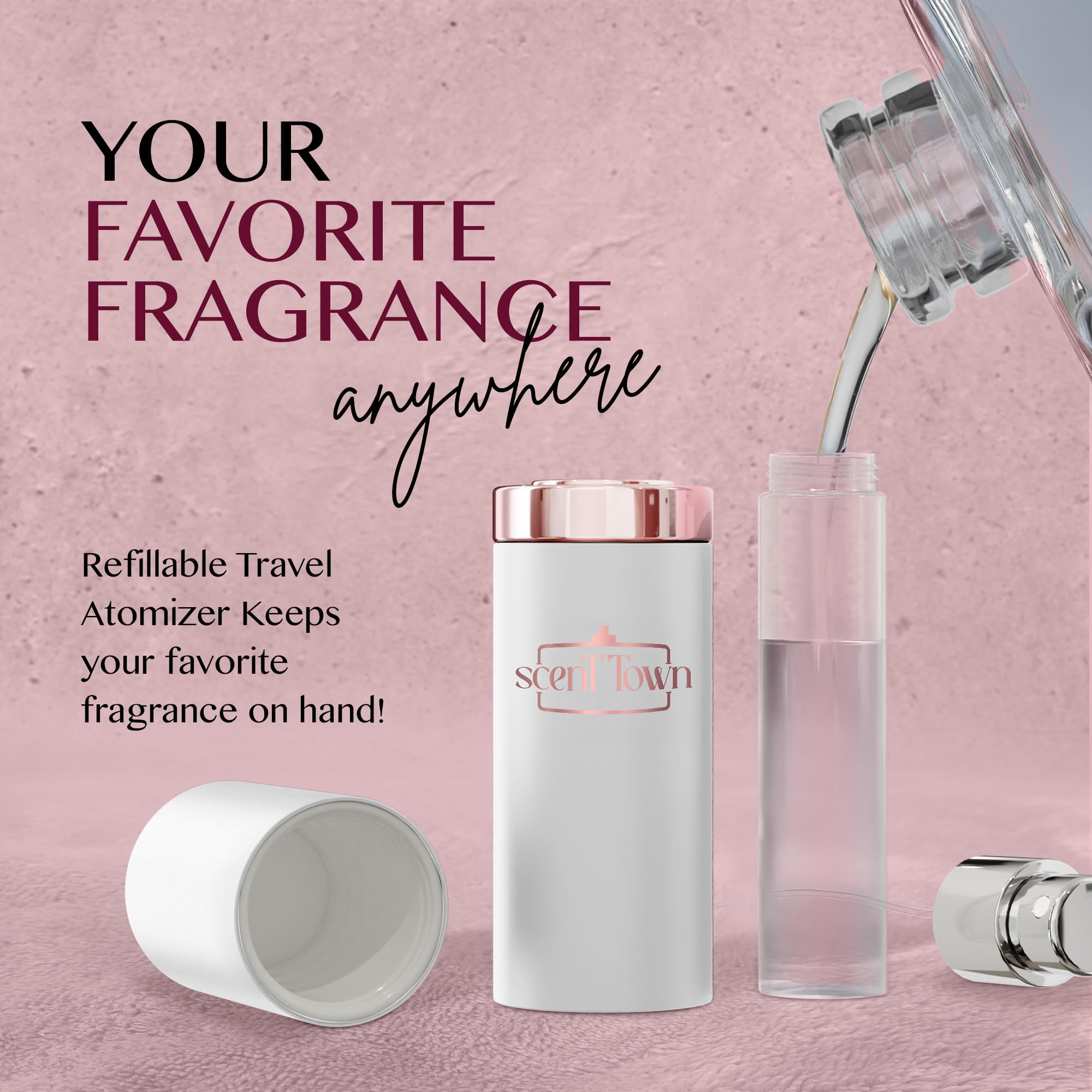 Scent Town Mini Perfumes for Women (Set of 5) – Designer Samples + Empty Refillable Atomizer in Gift Box