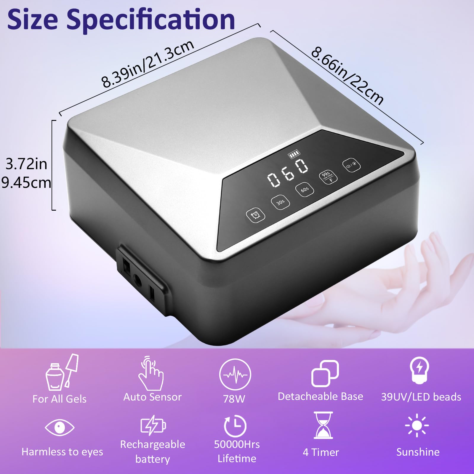 GiGiBright Rechargeable 78W UV LED Nail Lamp – Cordless Gel Dryer with Hidden Telescopic Stand