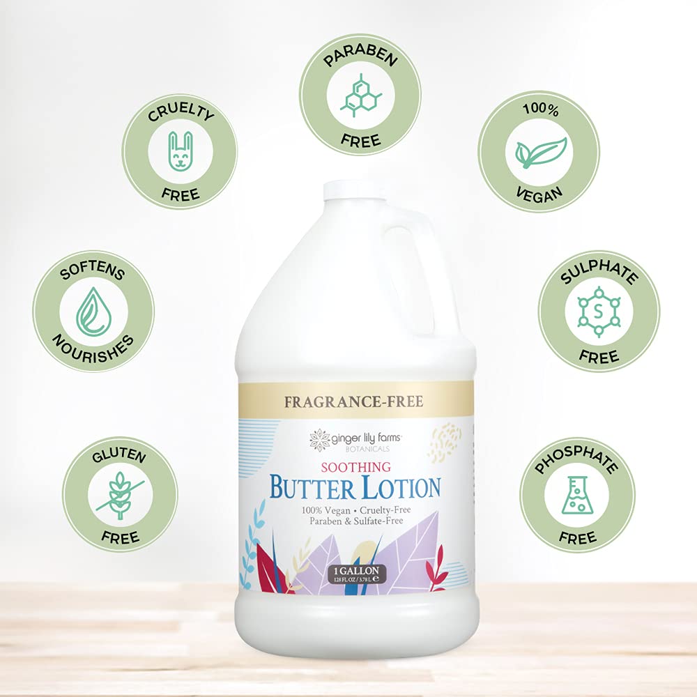 Ginger Lily Farms Botanicals Soothing Butter Lotion — Fragrance Free, 100% Vegan & Cruelty-Free, 1 Gallon Refill (Pack of 4)