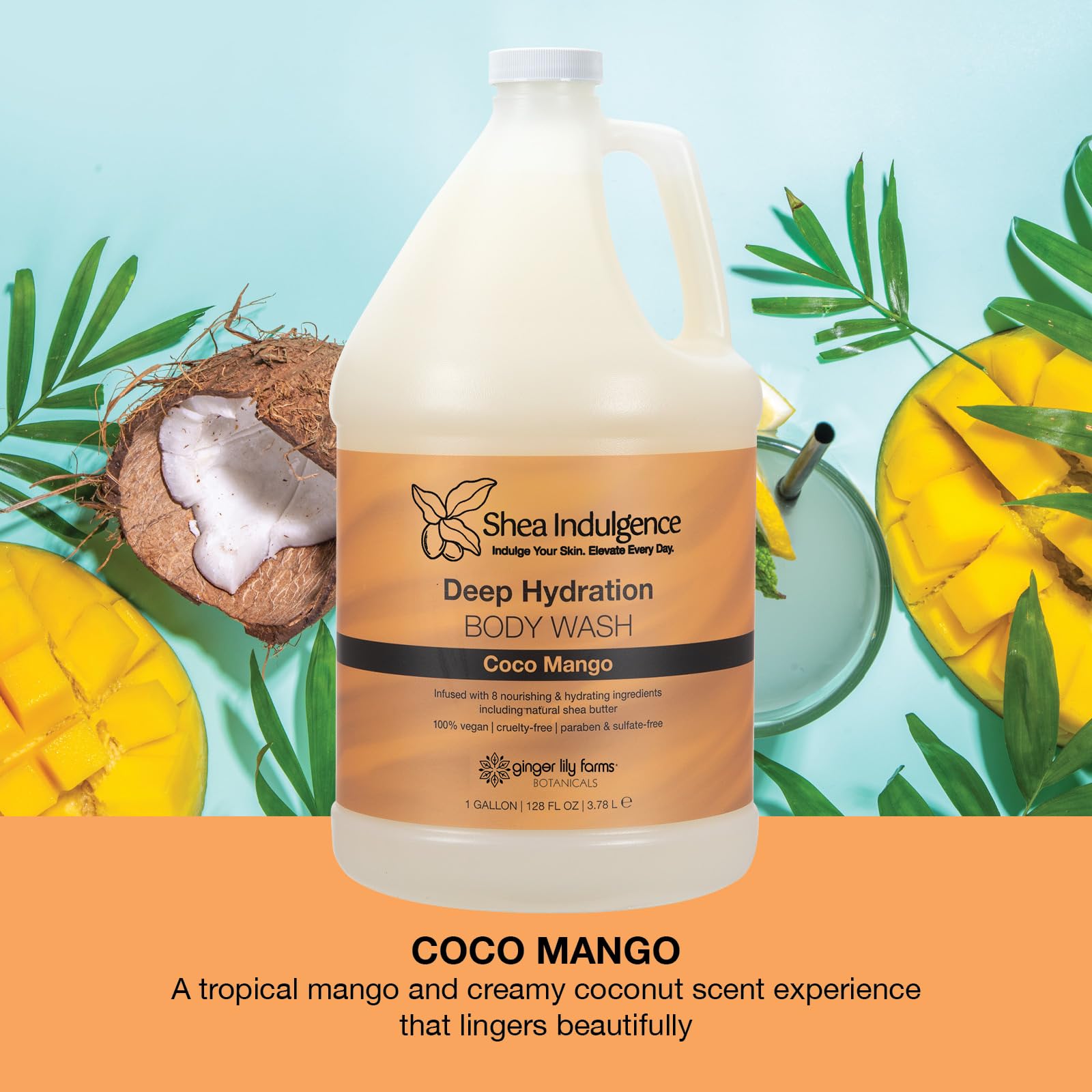 Ginger Lily Farms Botanicals Shea Indulgence Deep Hydration Body Wash – Coco Mango, 1 Gallon Refill, Vegan & Cruelty-Free