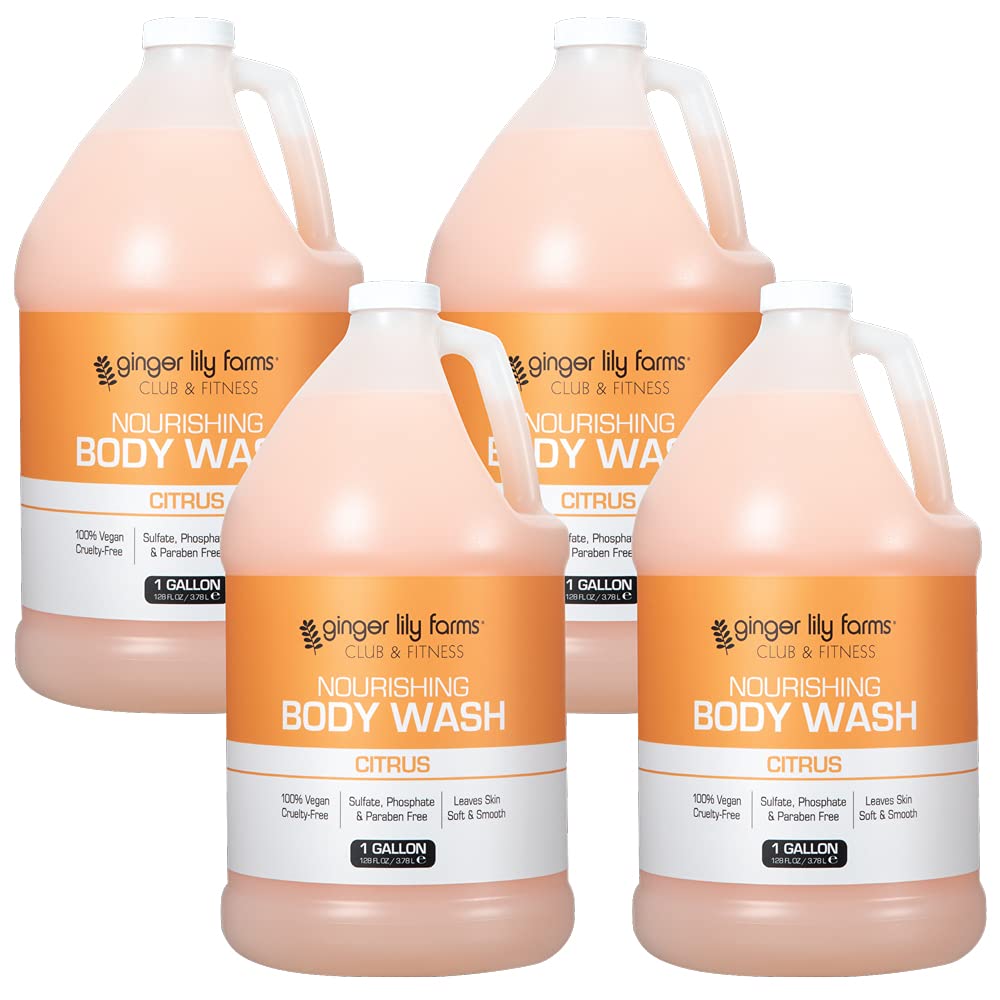 Ginger Lily Farms Club & Fitness Nourishing Body Wash – 100% Vegan, Cruelty-Free, Citrus Scent, 1 Gallon Refill (Pack of 4)