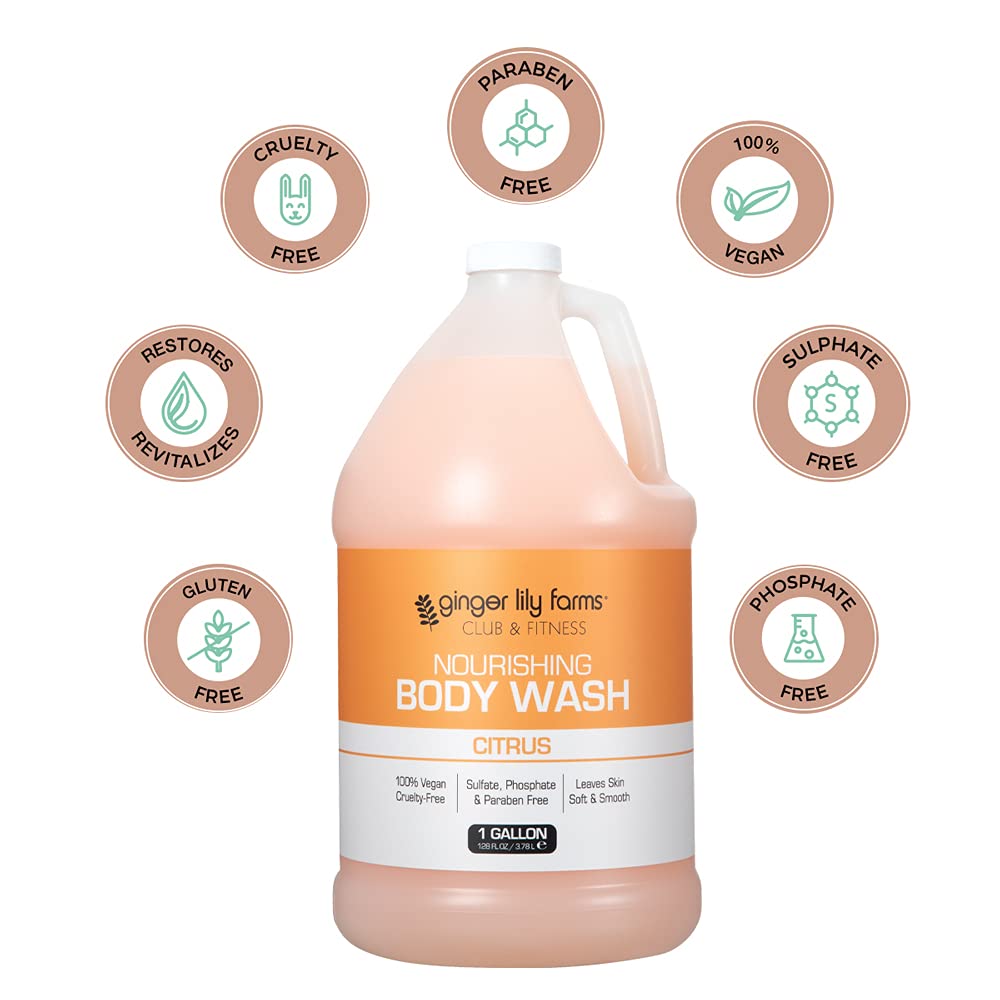 Ginger Lily Farms Club & Fitness Nourishing Body Wash – 100% Vegan, Cruelty-Free, Citrus Scent, 1 Gallon Refill (Pack of 4)