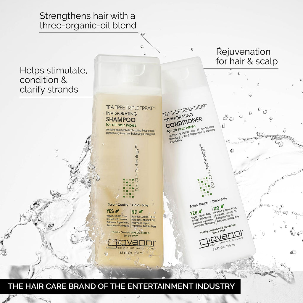 GIOVANNI Tea Tree Triple Threat Invigorating Shampoo & Conditioner Set – Travel Size 2 oz (2 Pack) – Peppermint, Eucalyptus, Rosemary