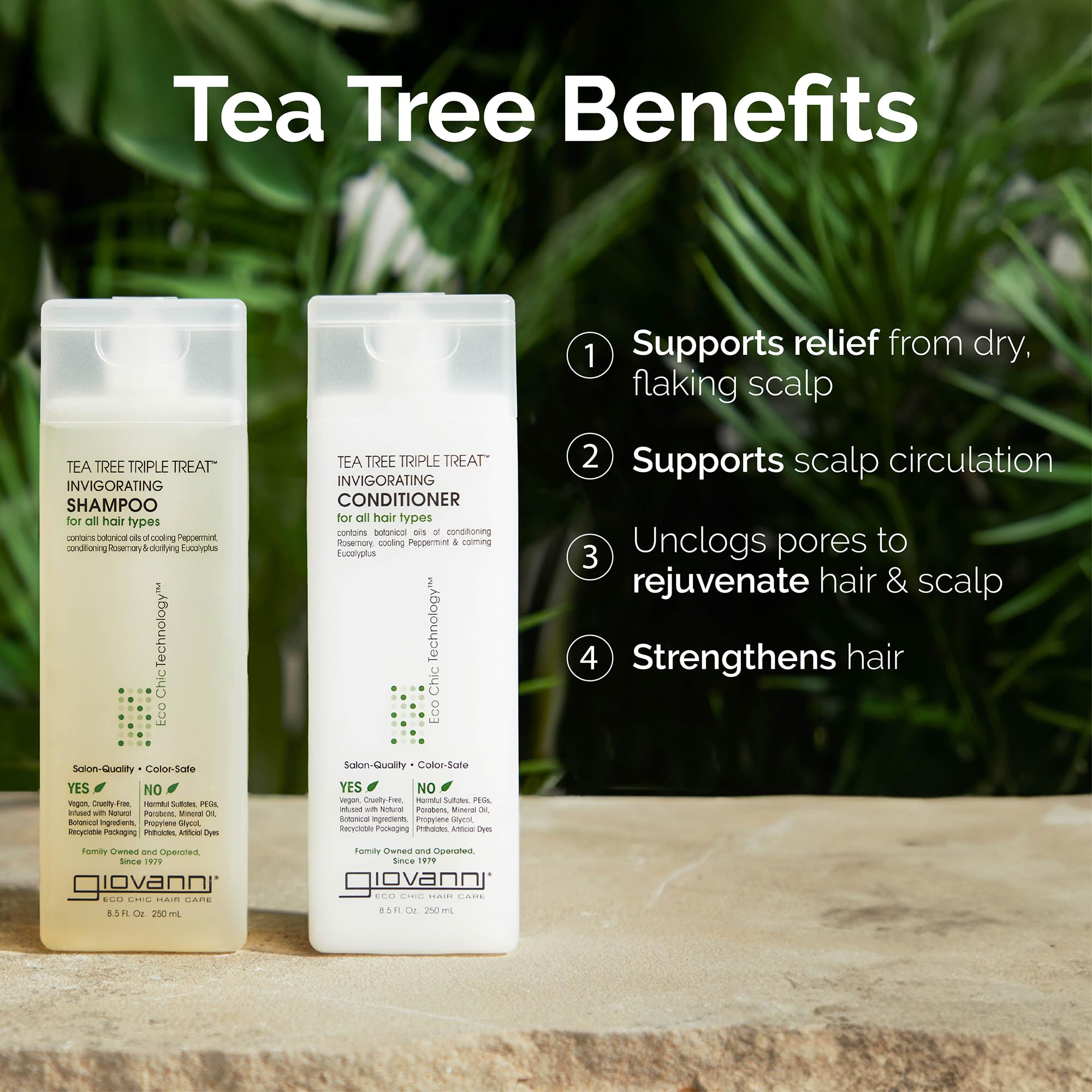 GIOVANNI Tea Tree Triple Threat Invigorating Shampoo & Conditioner Set – Travel Size 2 oz (2 Pack) – Peppermint, Eucalyptus, Rosemary