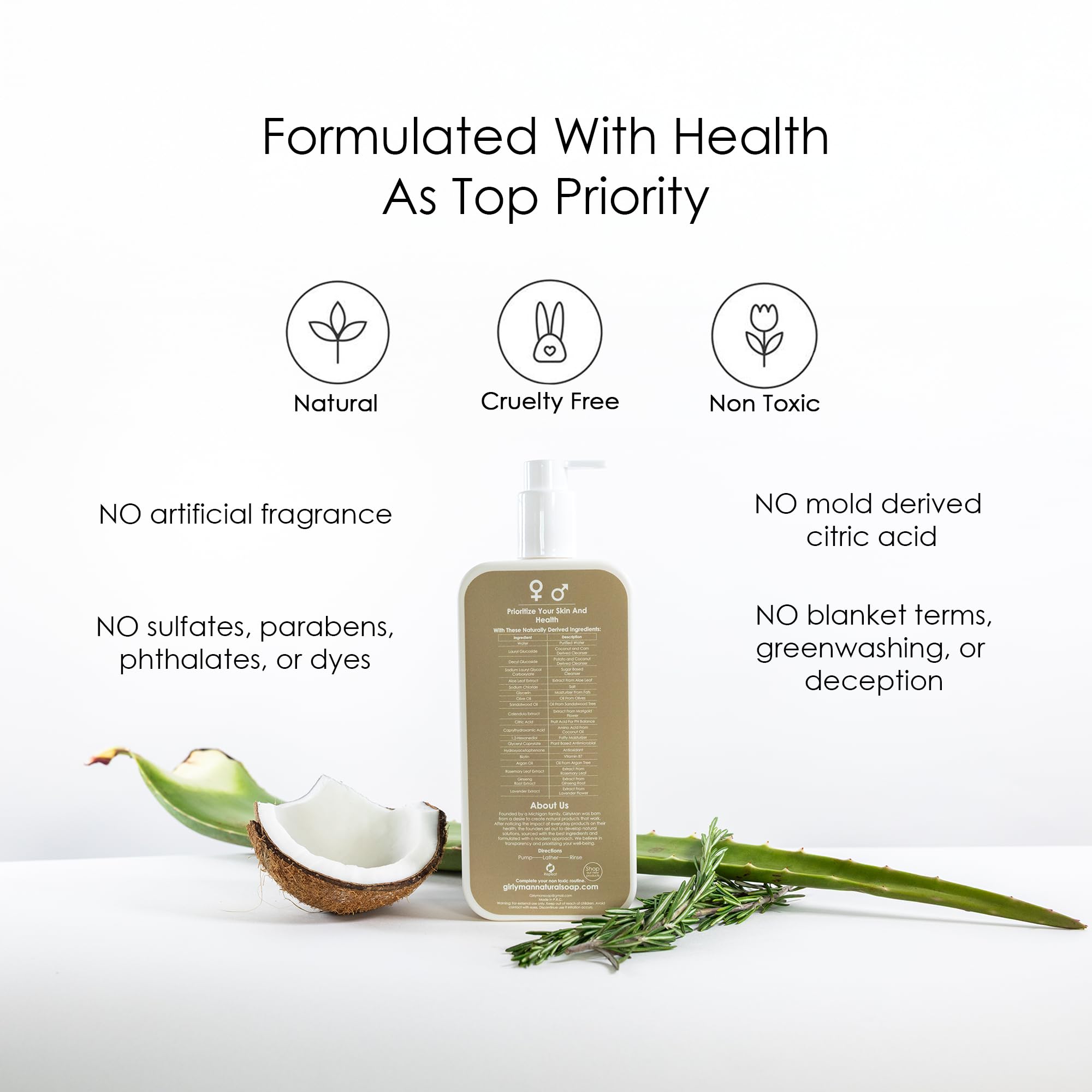 GirlyMan Natural Non-Toxic Shampoo – Olive Oil, Argan Oil & Biotin | Fragrance-Free, All Hair Types, Family Owned (Sandalwood)