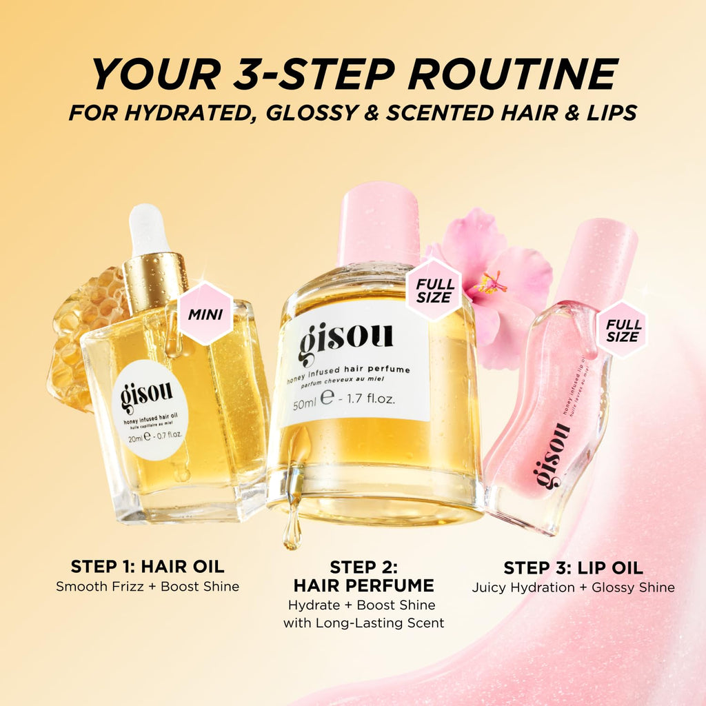 Gisou Honey Gloss Hydration Trio – Wildflower Honey Hair Perfume, Watermelon Sugar Lip Oil, Hair Oil