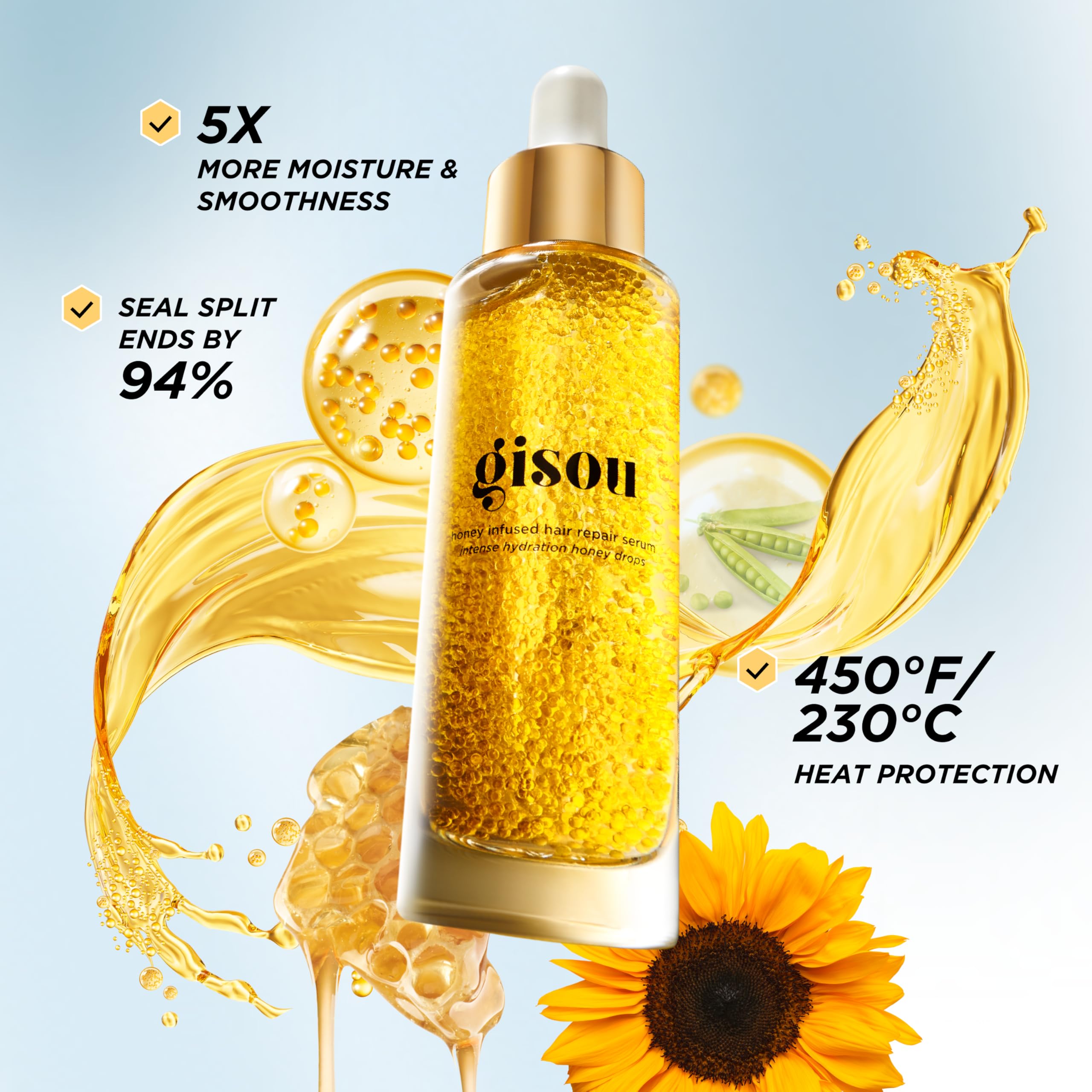 Gisou Honey Infused Hair Repair Serum — Seals Split Ends, Strengthens, and Protects Hair with Plant-Based Keratin (1 Oz)