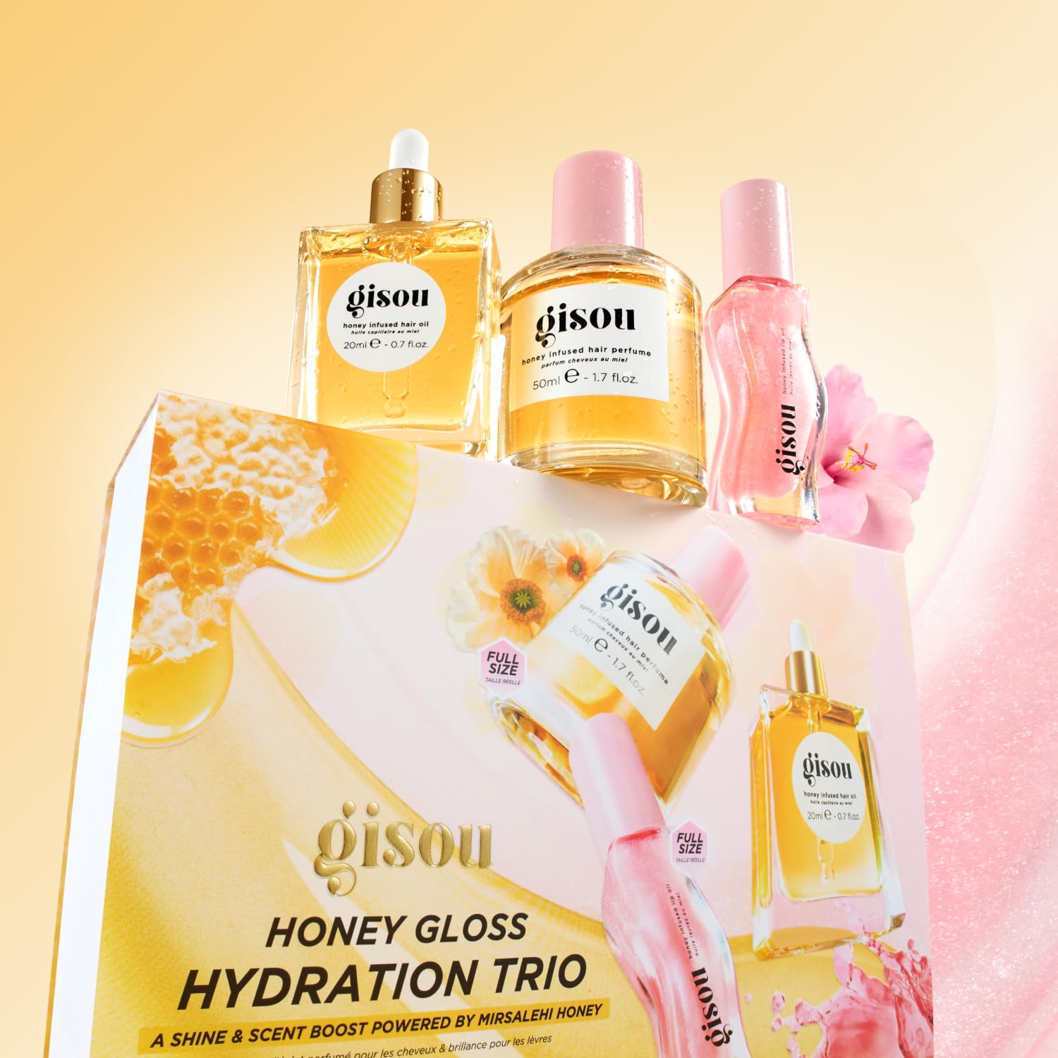 Gisou Honey Gloss Hydration Trio – Wildflower Honey Hair Perfume, Watermelon Sugar Lip Oil, Hair Oil
