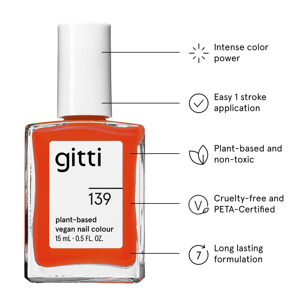 gitti Plant-based Nail Polish No. 139 Fiery Orange – 30-Free, Vegan, Cruelty-Free, High-Performance Color (0.5 fl oz)