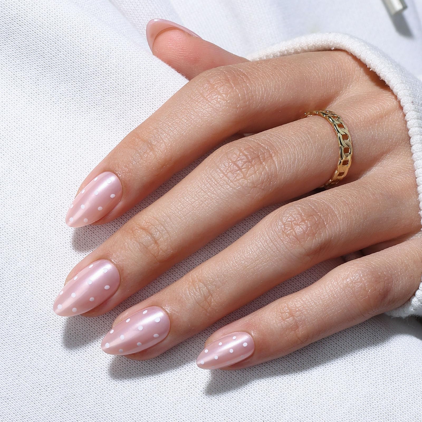 GJZEZ Polka Dot Press On Nails Short – Soft Gel Almond Nails, Iridescent Pink, Reusable 32-Piece Set