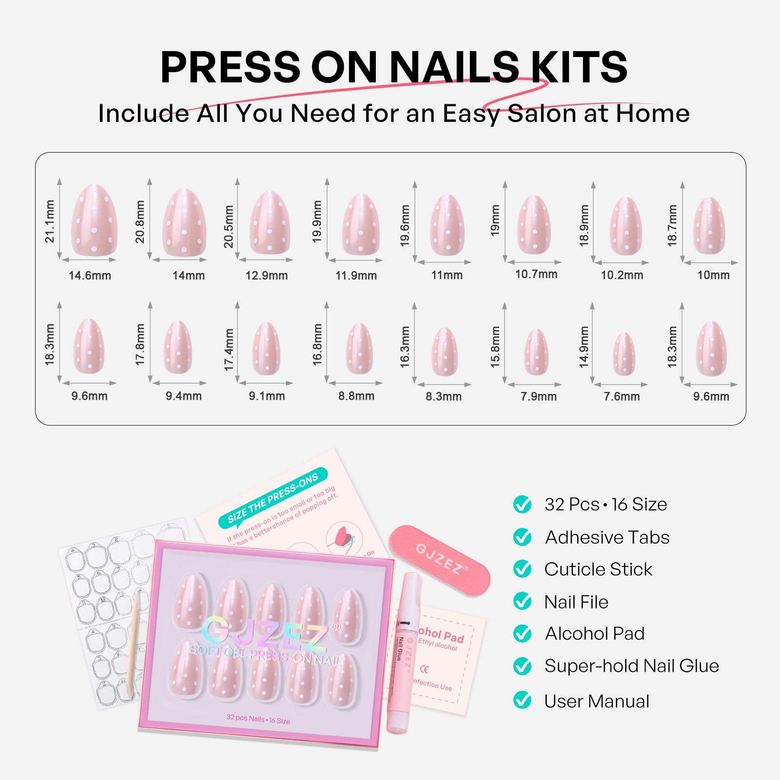 GJZEZ Polka Dot Press On Nails Short – Soft Gel Almond Nails, Iridescent Pink, Reusable 32-Piece Set
