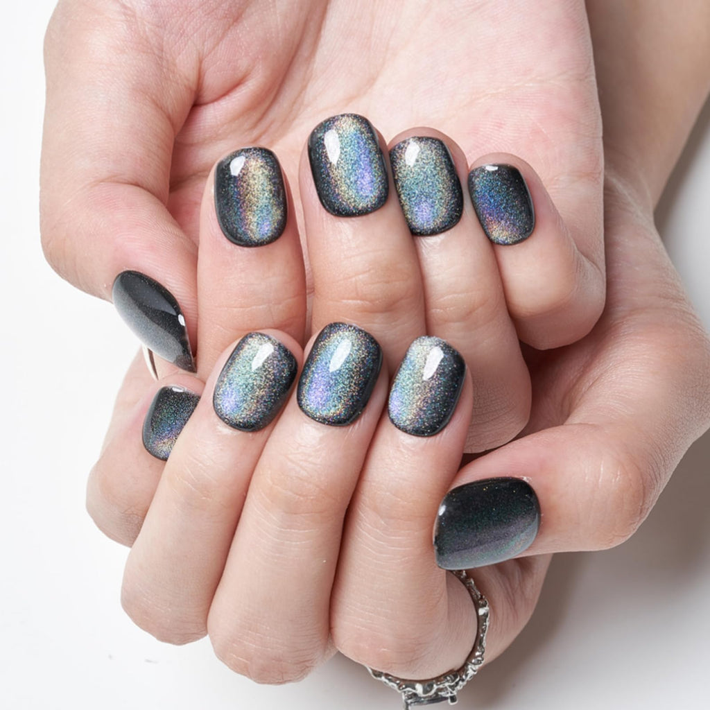 GLAMERMAID Laser Black Short Press On Nails – Aurora Cat Eyes, Extra Short Squoval Glue-On Kit