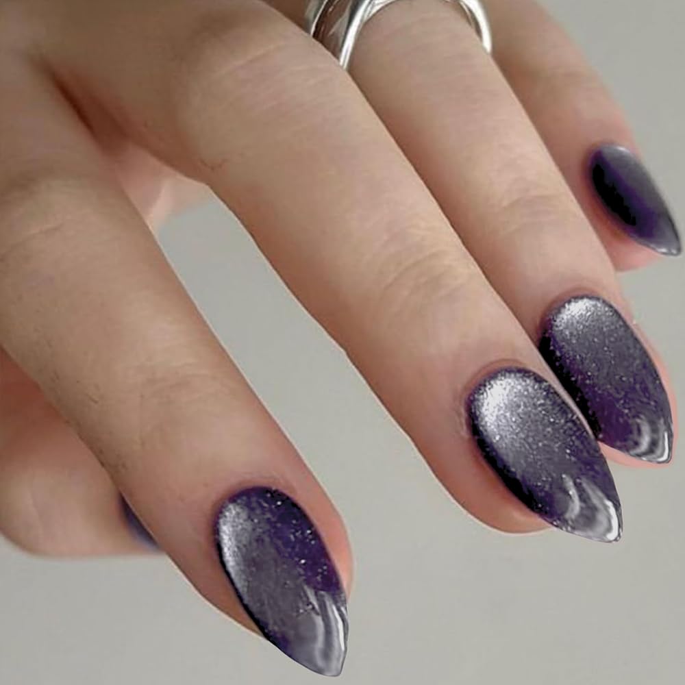 GLAMERMAID Dark Purple Magnet Cat Eyes Press On Nails – Short Almond, Black Aurora Jelly Gel Kit