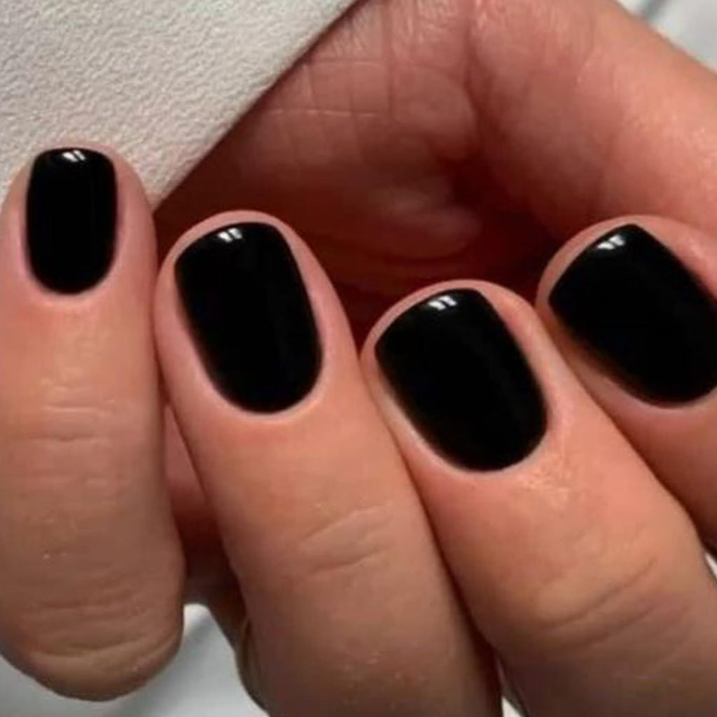 GLAMERMAID Extra Short Press On Nails – Gothic Black, Glossy UV Gel Finish, Reusable Full Cover Kit