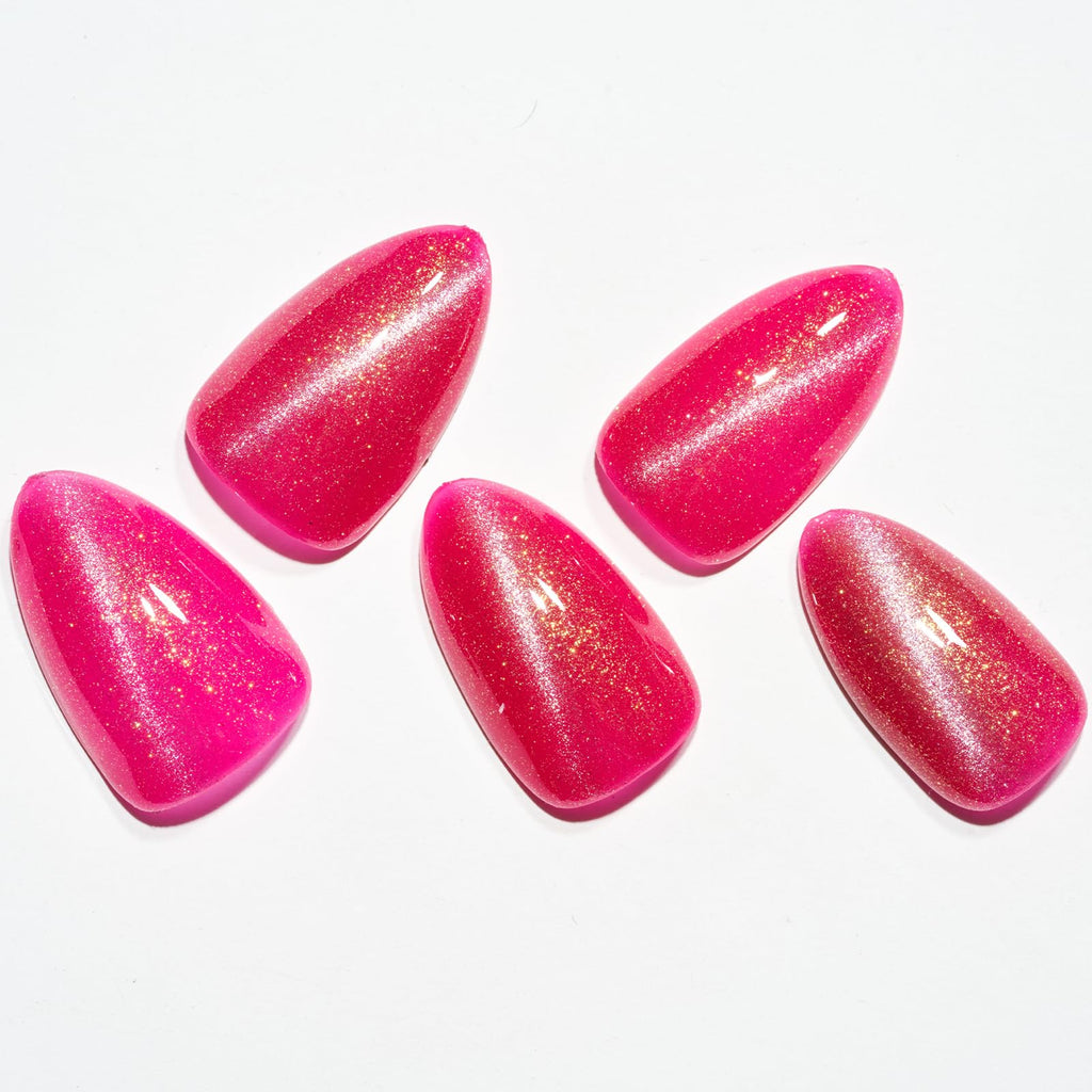 GLAMERMAID Hot Pink Magnet Cat Eyes Press-On Nails – Short Almond, Handmade Glitter Gel Kit