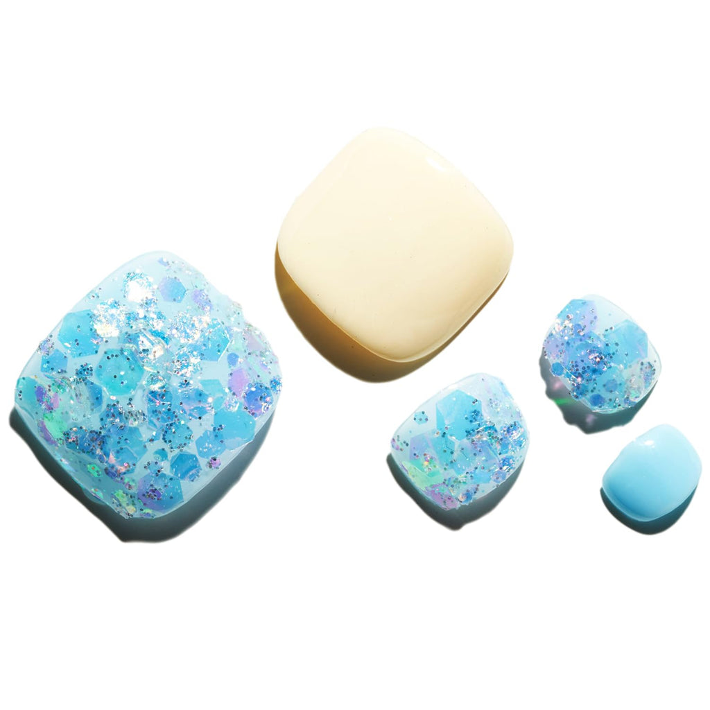 GLAMERMAID Press-On Toenails – Glitter Light Blue Gel Glue, Reusable UV Finish False Nails Kit