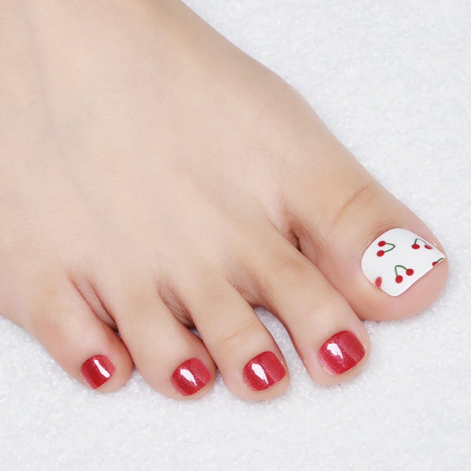 GLAMERMAID Press-On Toenails with Red Cherry Gel Glue – Glossy Reusable Nails