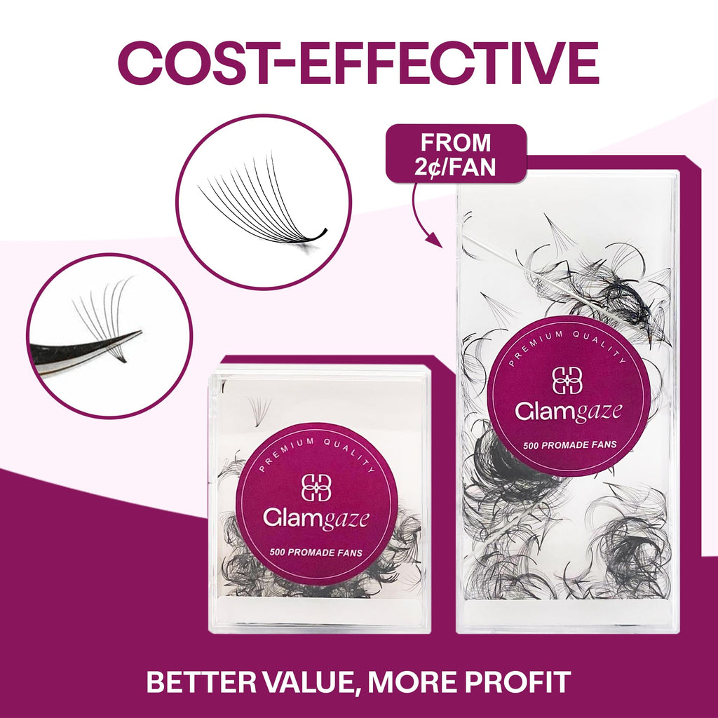 GLAMGAZE 500 Promade Fans – 3D to 16D Lash Fans, C/CC/D Curl, 0.05–0.07mm