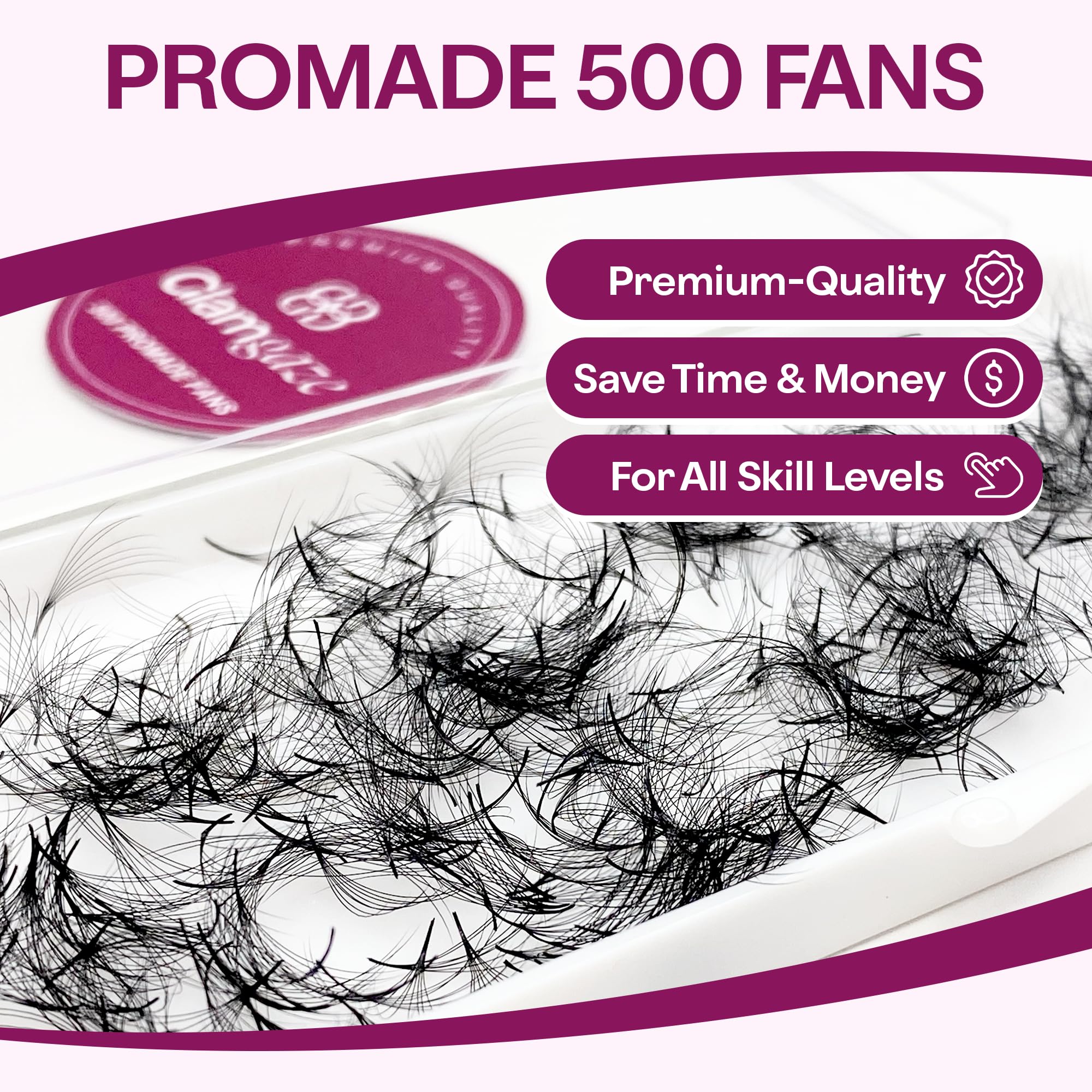Glamgaze 500 Promade Fans – Premium Premade Lash Fans, 16D, CC/C Curl, 0.05–0.07mm, 8–17mm