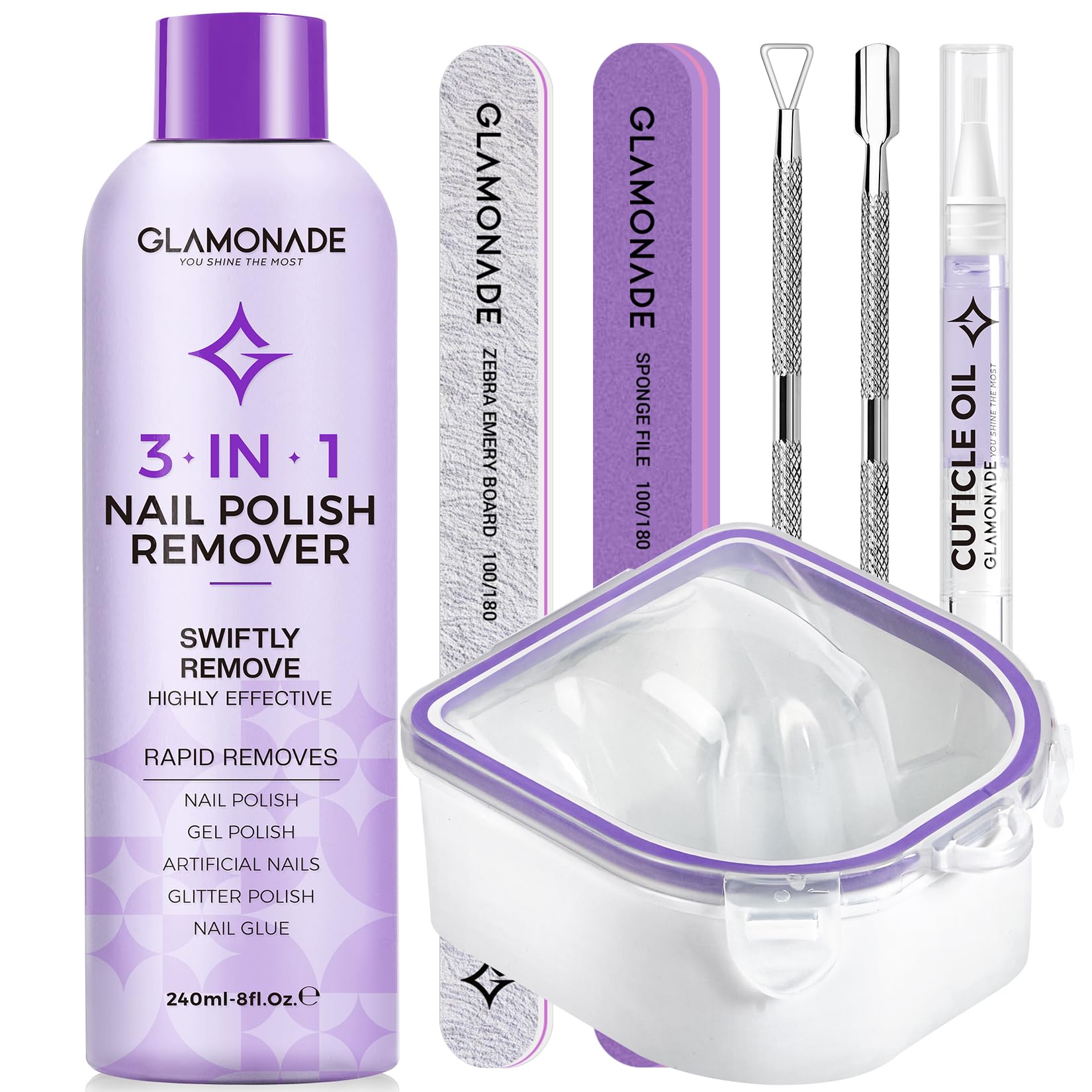 Glamonade Acetone Nail Polish Remover Kit | Gel Removal Kit with Tools & Cuticle Oil